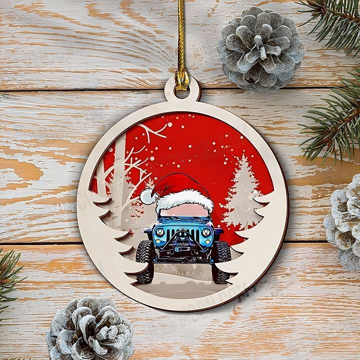 red-customized-layered-wood-ornament-jeep-christmas-ornaments