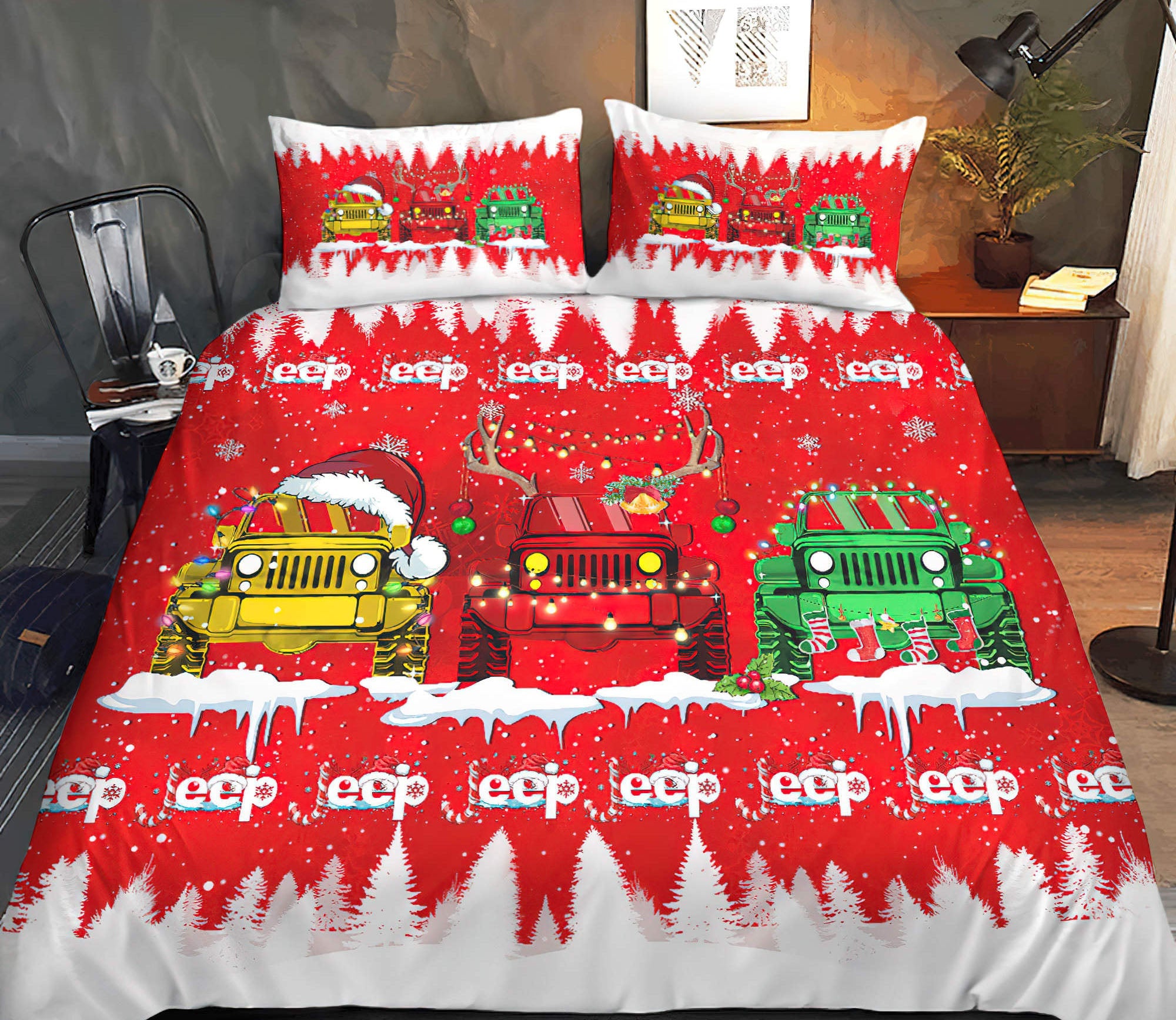 3-jeeps-christmas-bedding-set