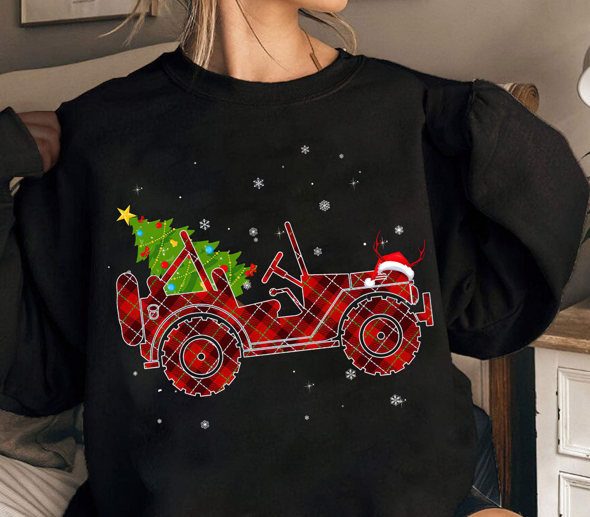 jeep-red-plaid-christmas-1-sided-t-shirt