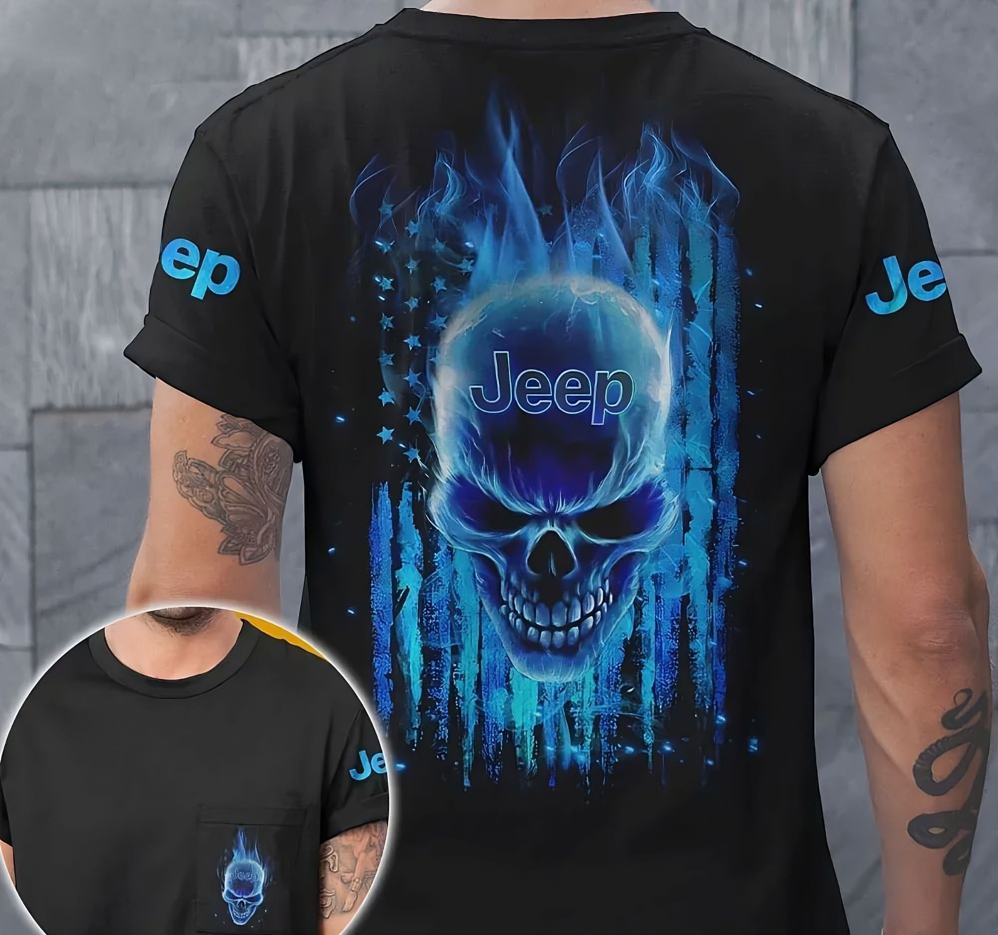 jeep-blue-flaming-skull-flag-all-over-print-t-shirt