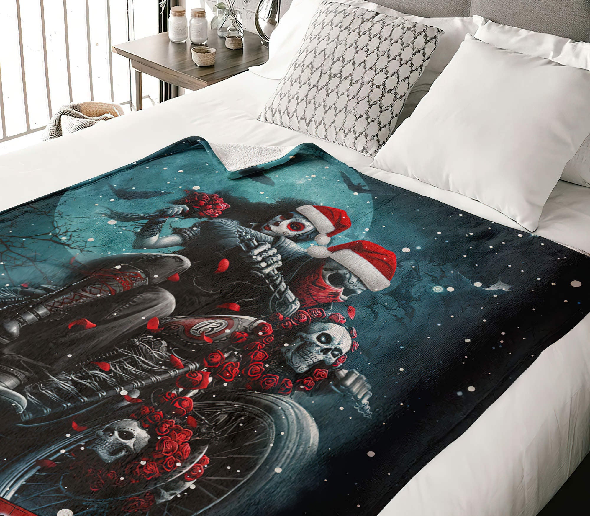 Personalized Skull Biker Couple Woven & Fleece Blanket