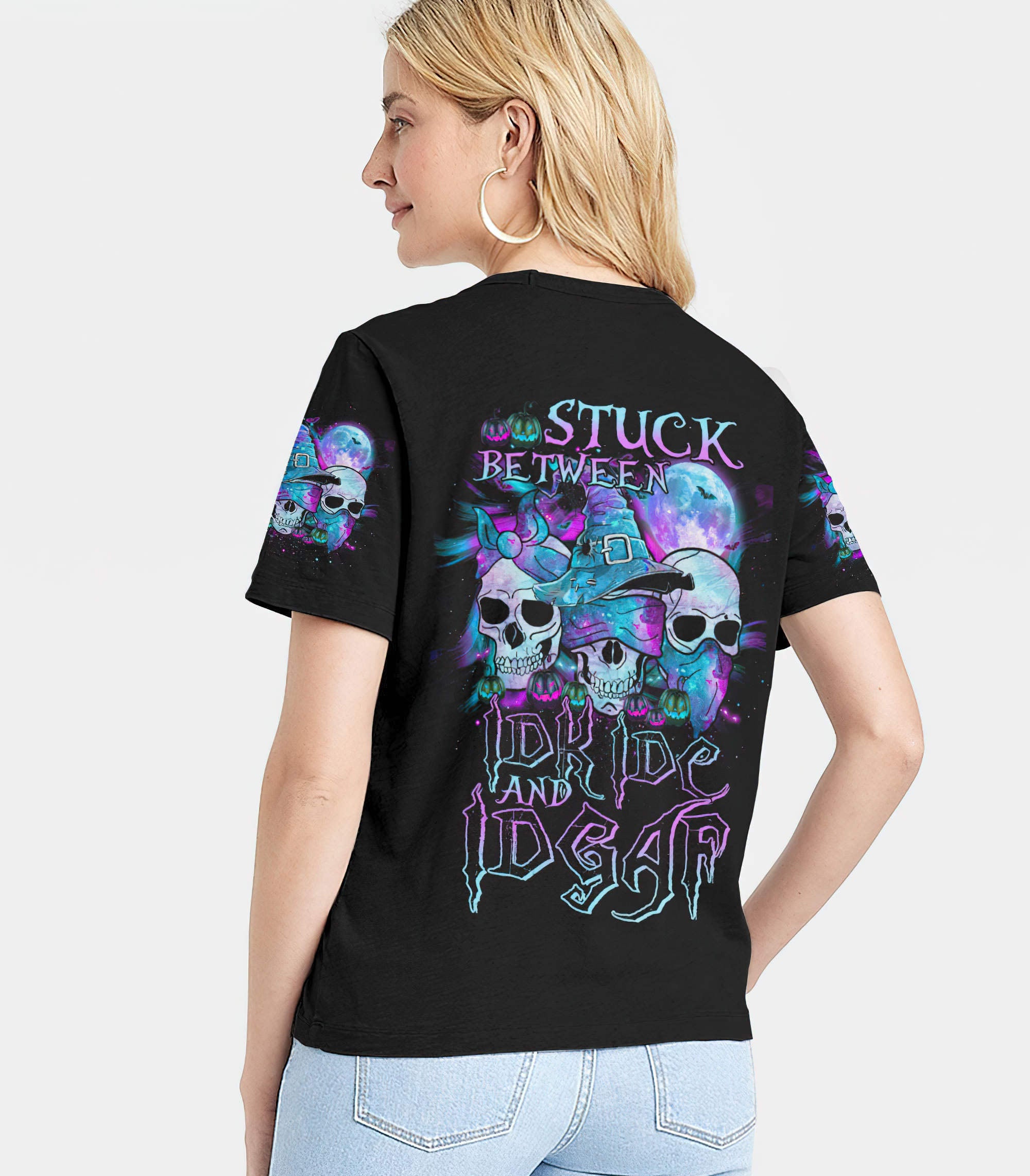 stuck-between-three-skulls-halloween-all-over-print-women-v-neck-t-shirt