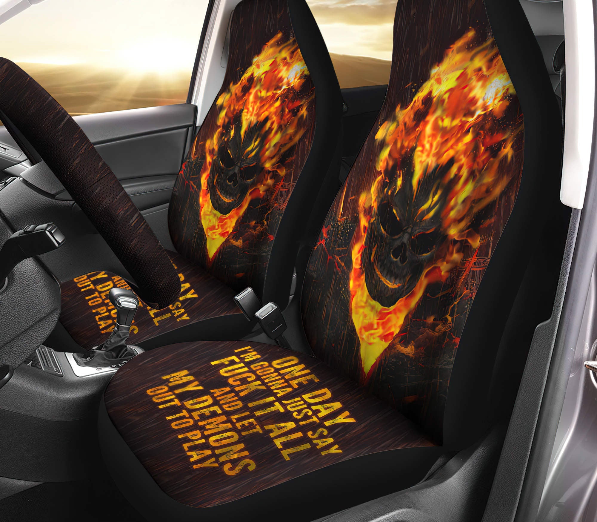 One Day Flaming Skull Automotive Car Seat Cover