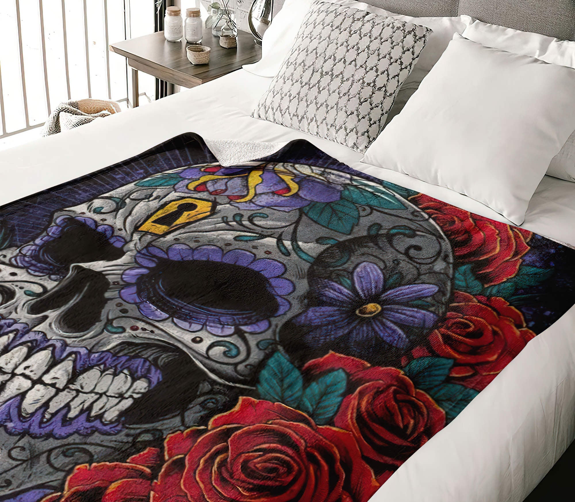 Personalized Sugar Skull Rose Banner Woven & Fleece Blanket