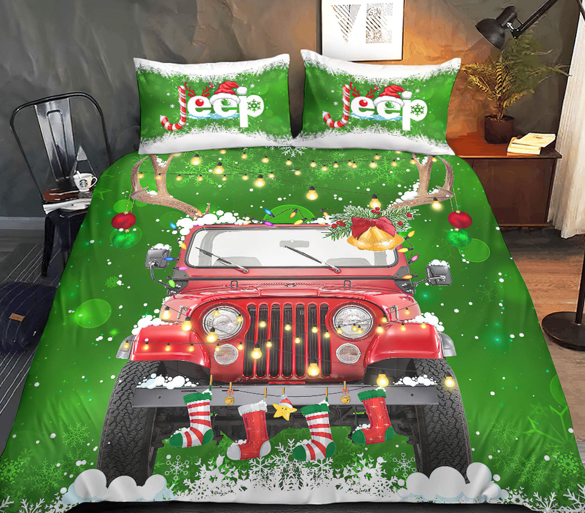 jeep-christmas-green-bedding-set