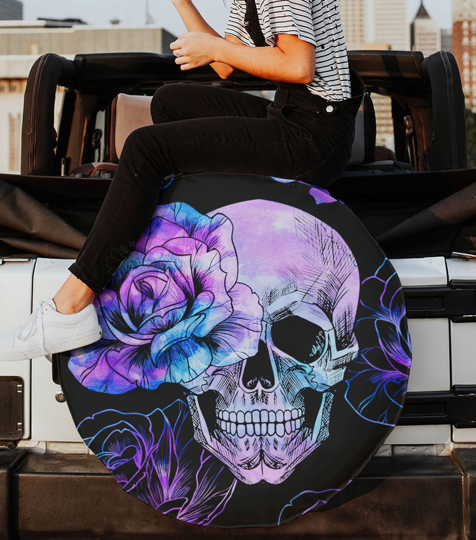 Fresh Out Of F Flower Skull Automotive Spare Tire Cover