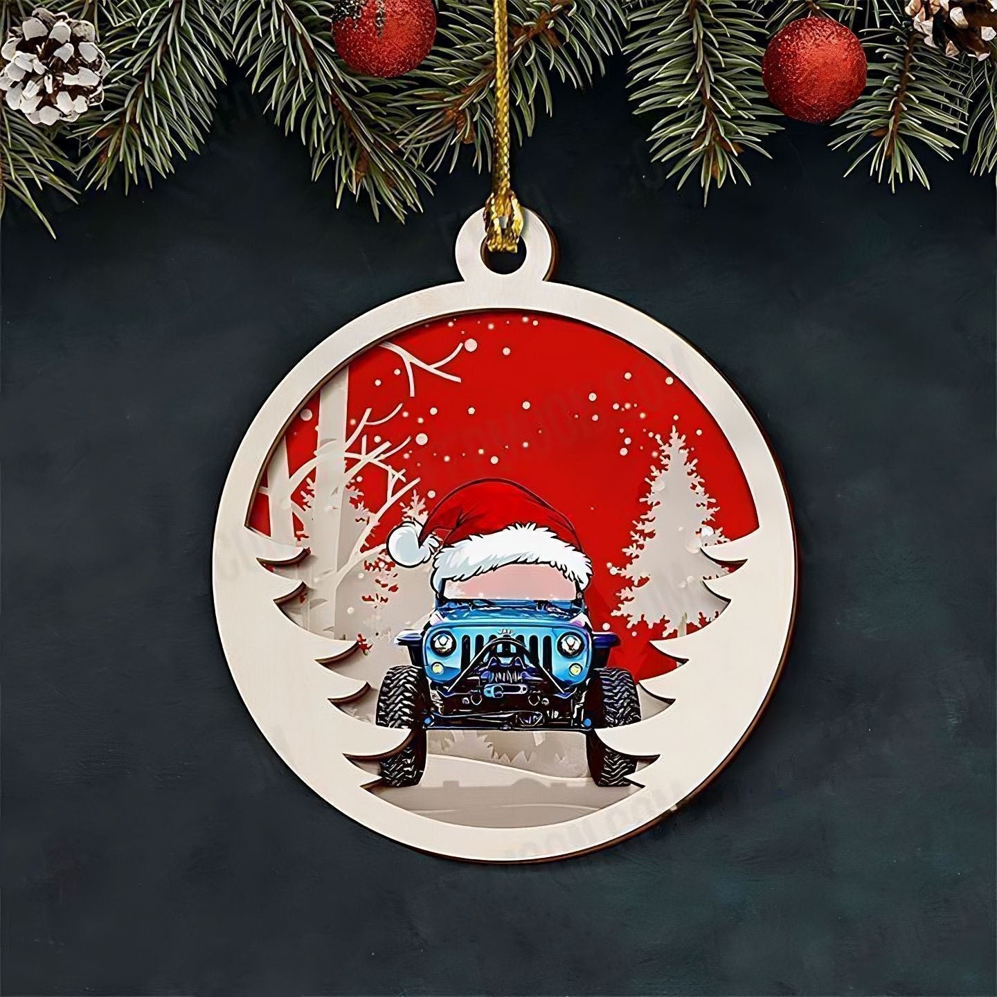 red-customized-layered-wood-ornament-jeep-christmas-ornaments