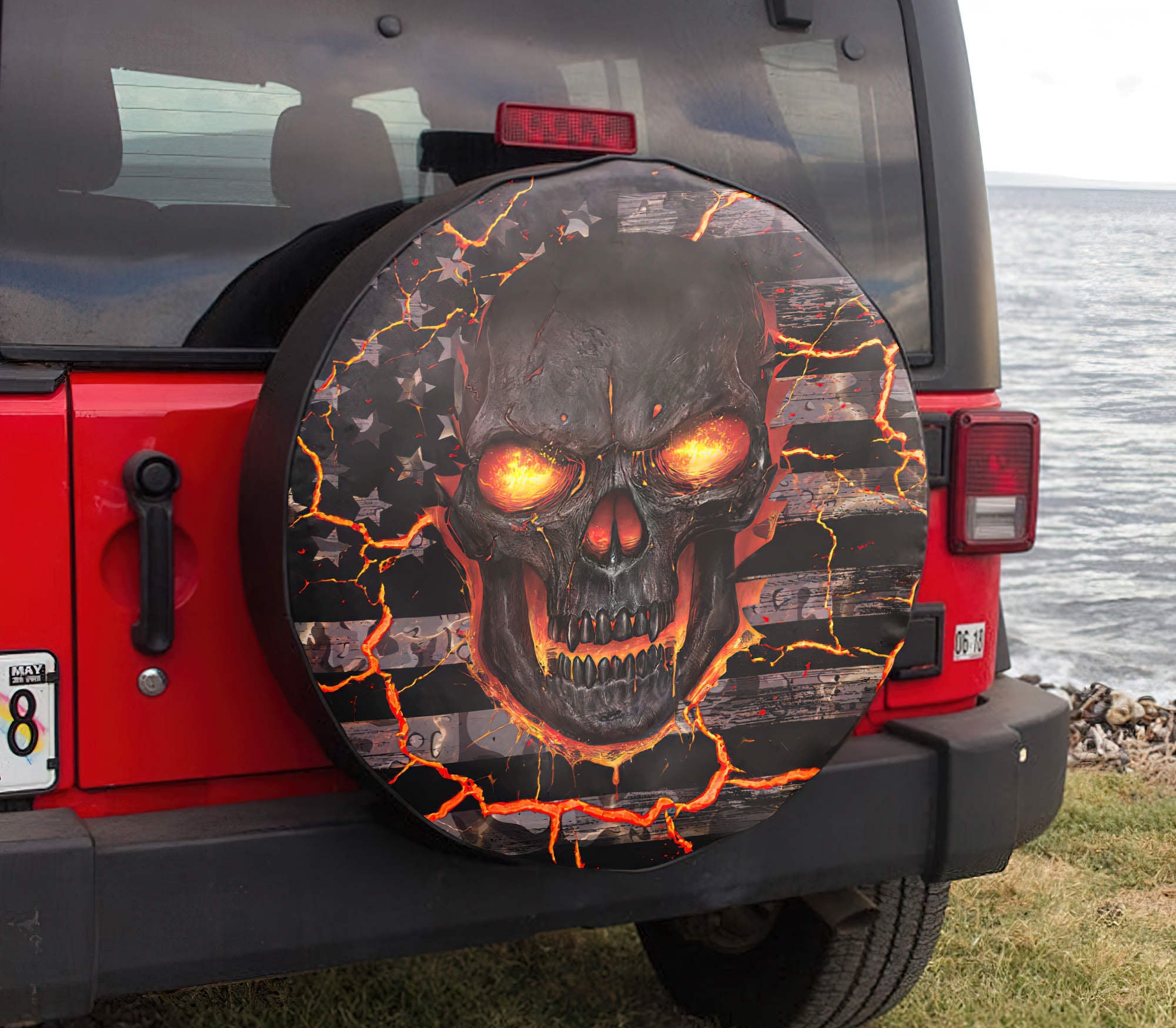 Dilligaf Fire Skull Flag Automotive Spare Tire Cover