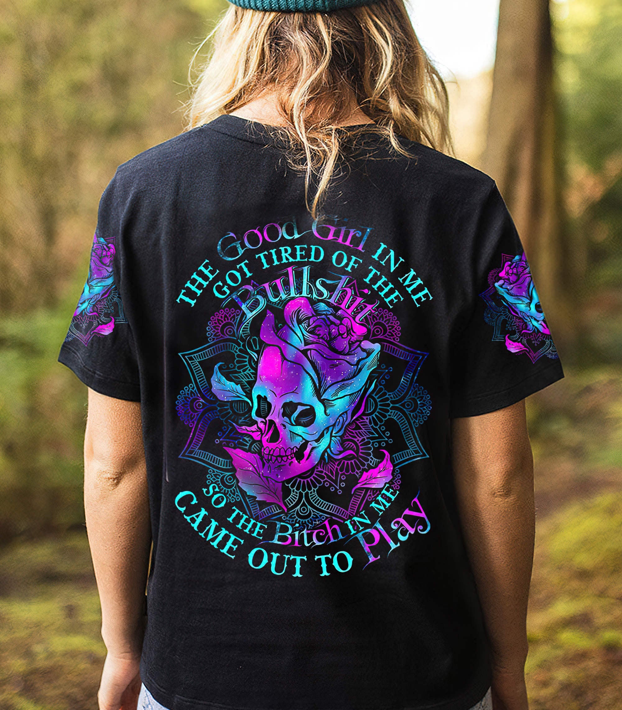 The Good Girl In Me Rose Skull All Over Print T Shirt