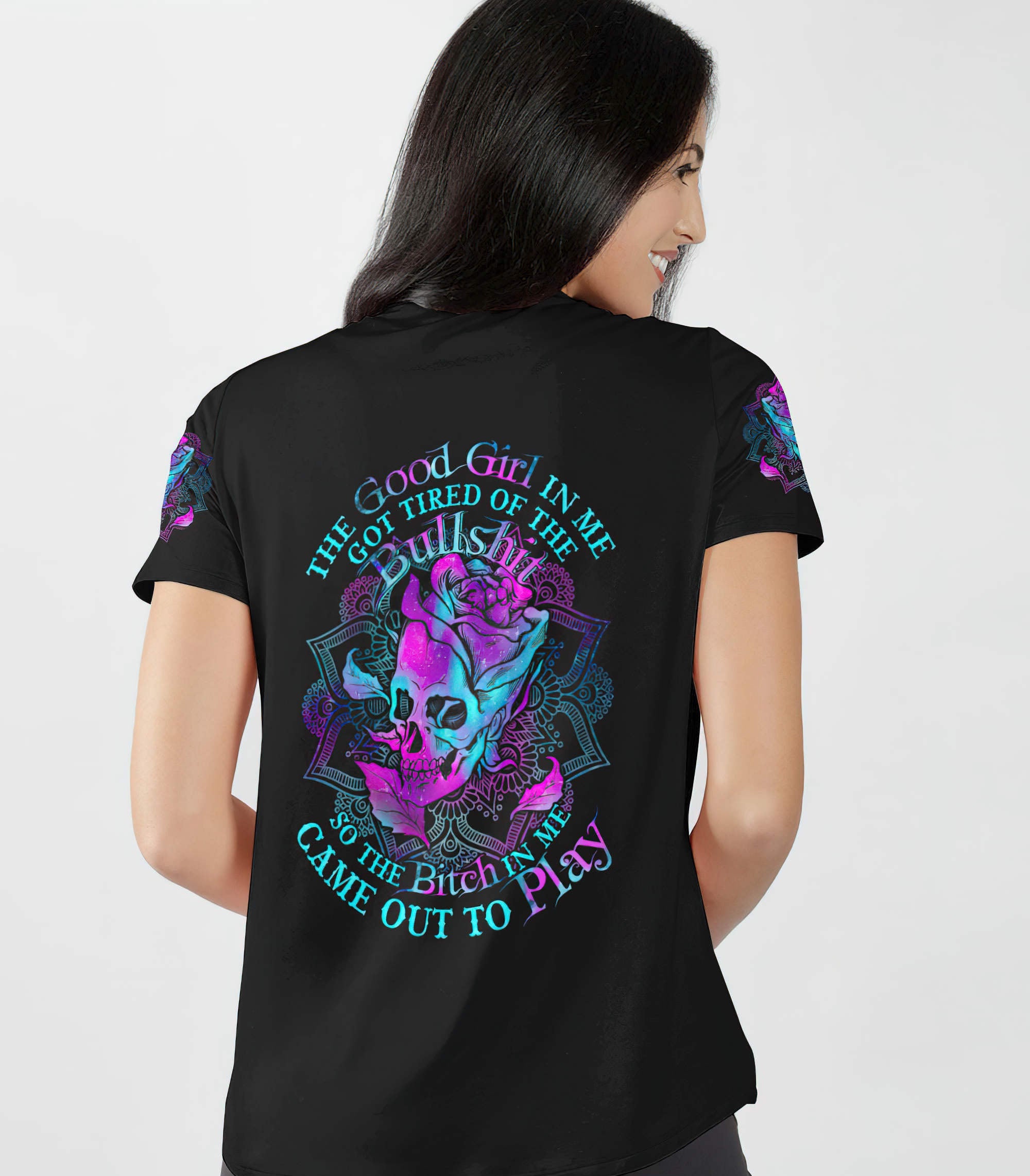 The Good Girl In Me Rose Skull All Over Print Women V-Neck T Shirt