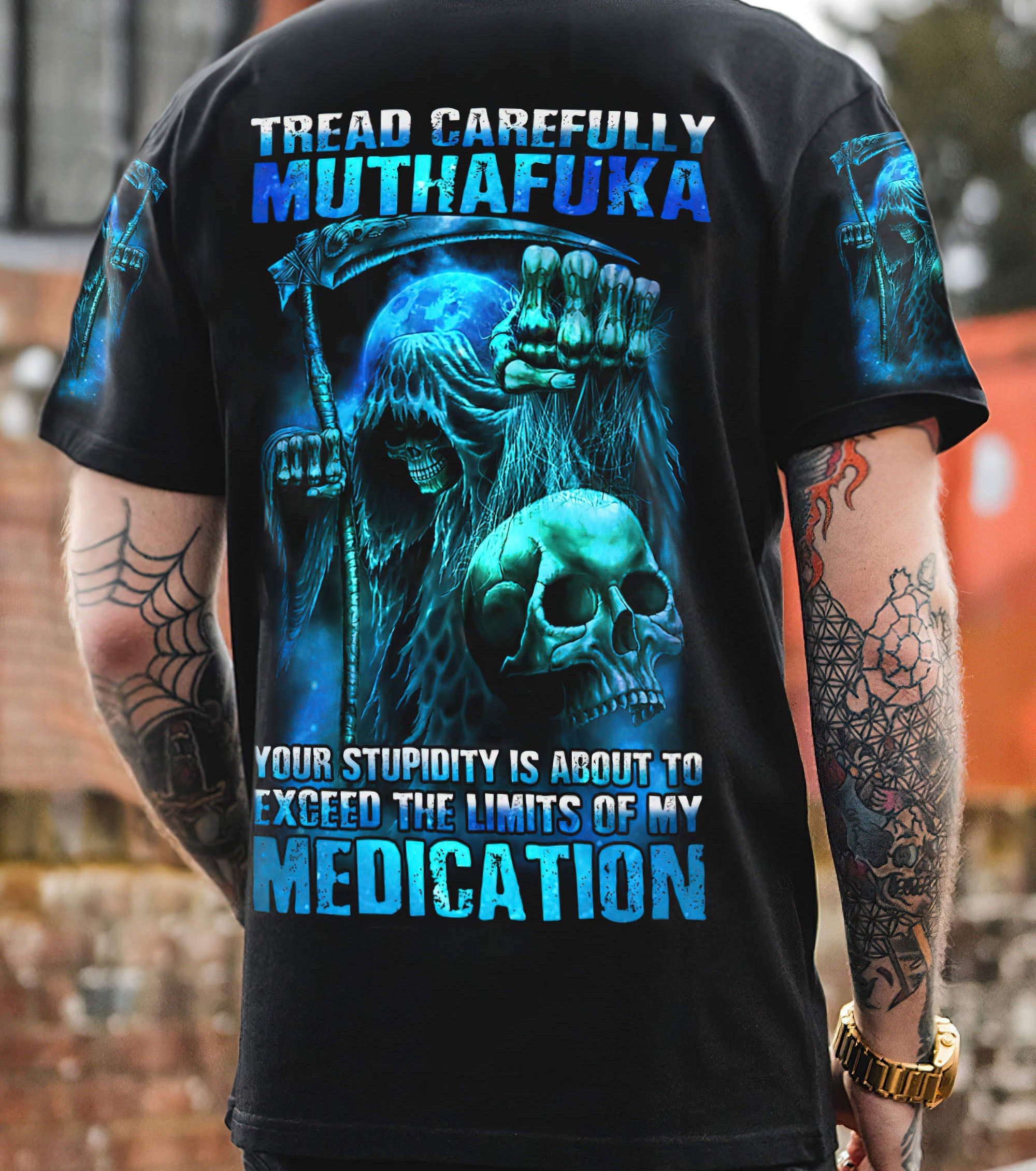 Tread Carefully Skull All Over Print T Shirt