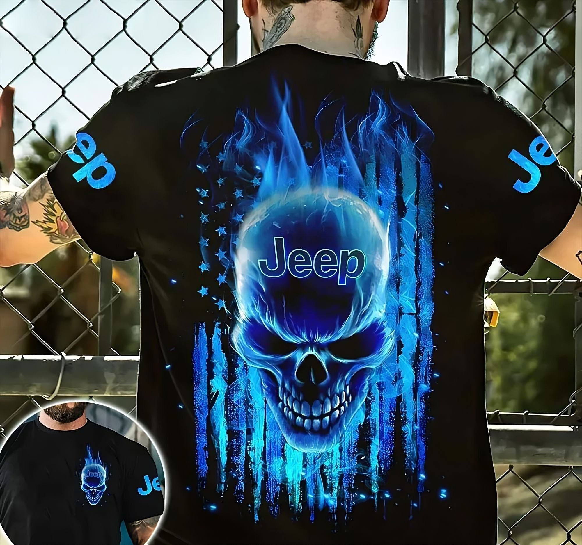 jeep-blue-flaming-skull-flag-all-over-print-t-shirt