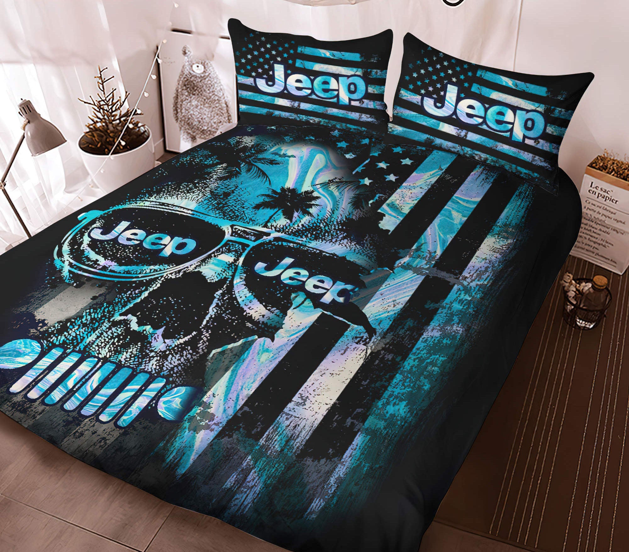 jeep-skull-hologram-flag-bedding-set