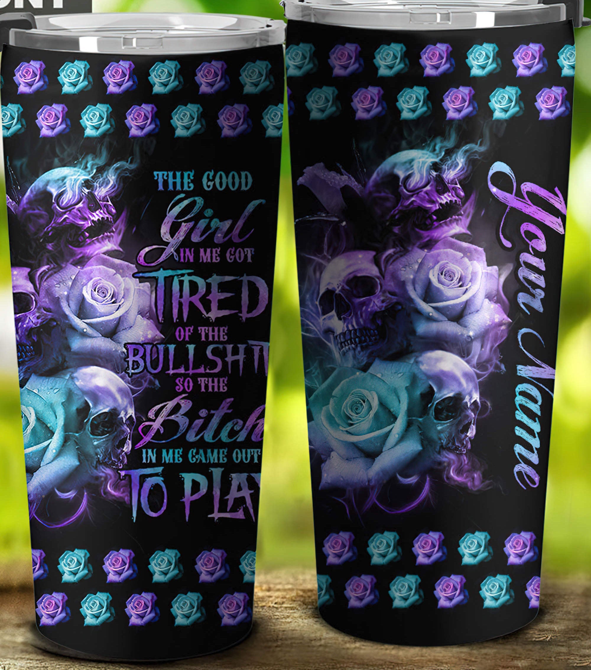 Personalized The Good Girl In Me 3 Skulls Rose Tumbler Tumbler