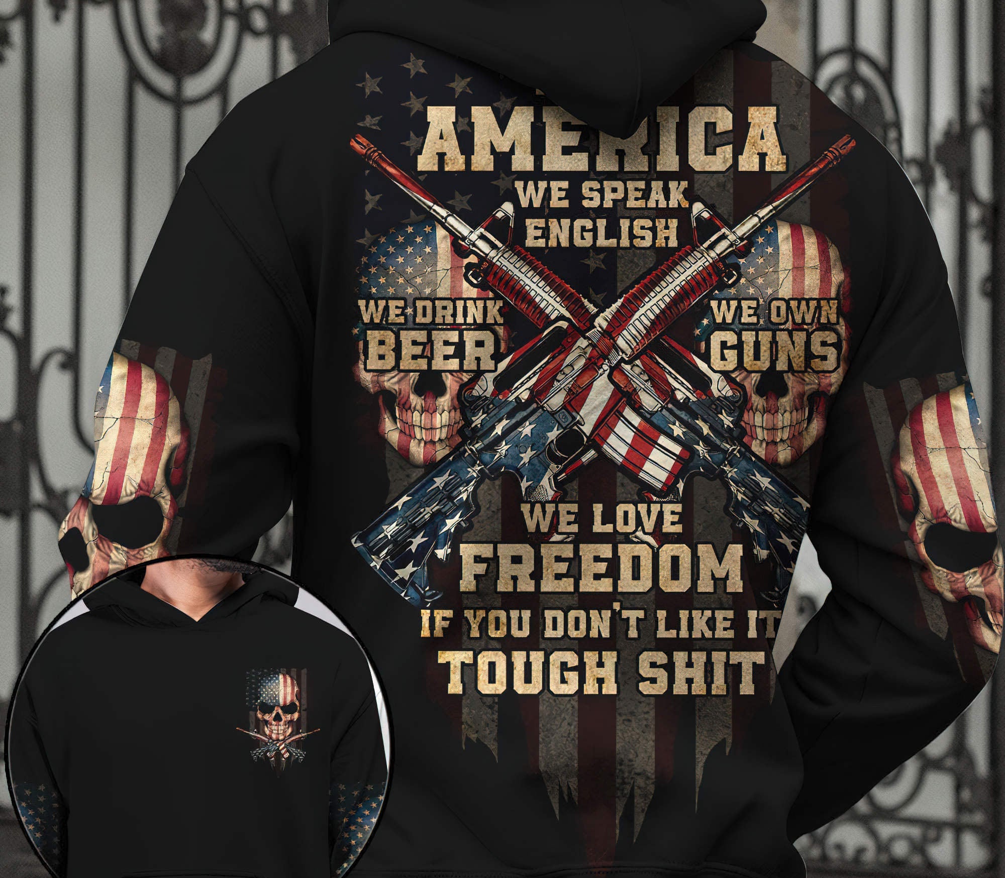 This Is America Patriotism Skull All Over Print Hoodie