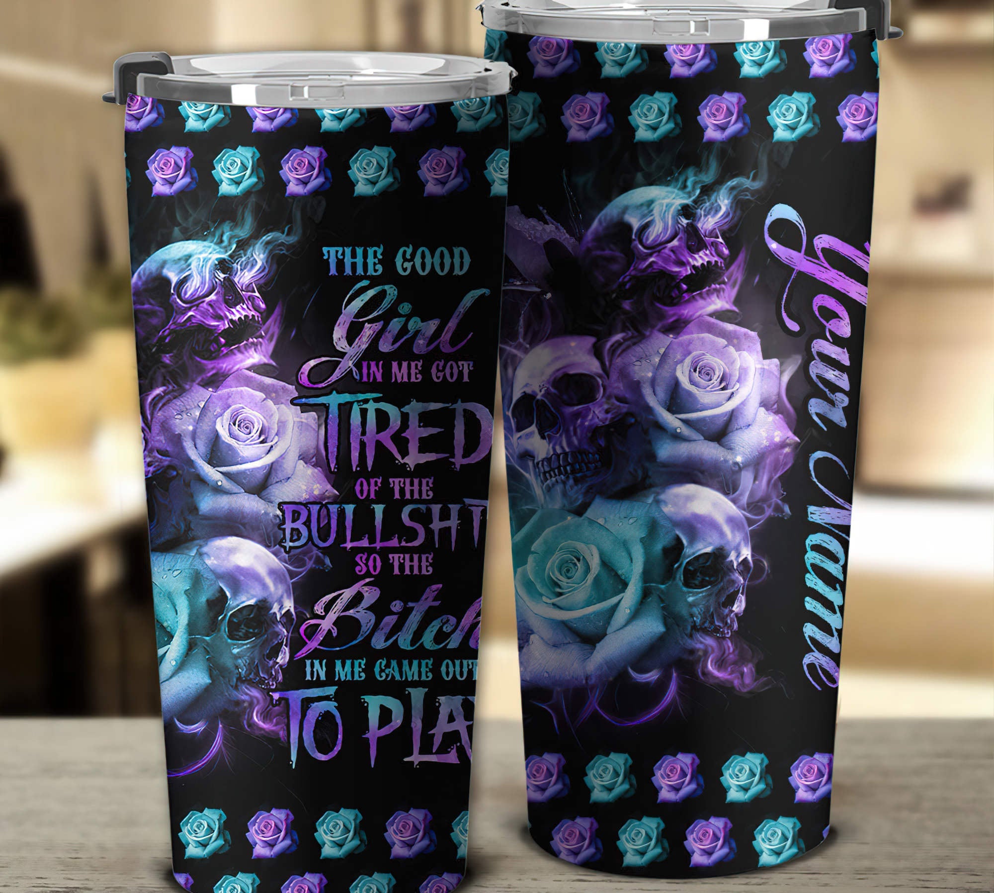 Personalized The Good Girl In Me 3 Skulls Rose Tumbler Tumbler