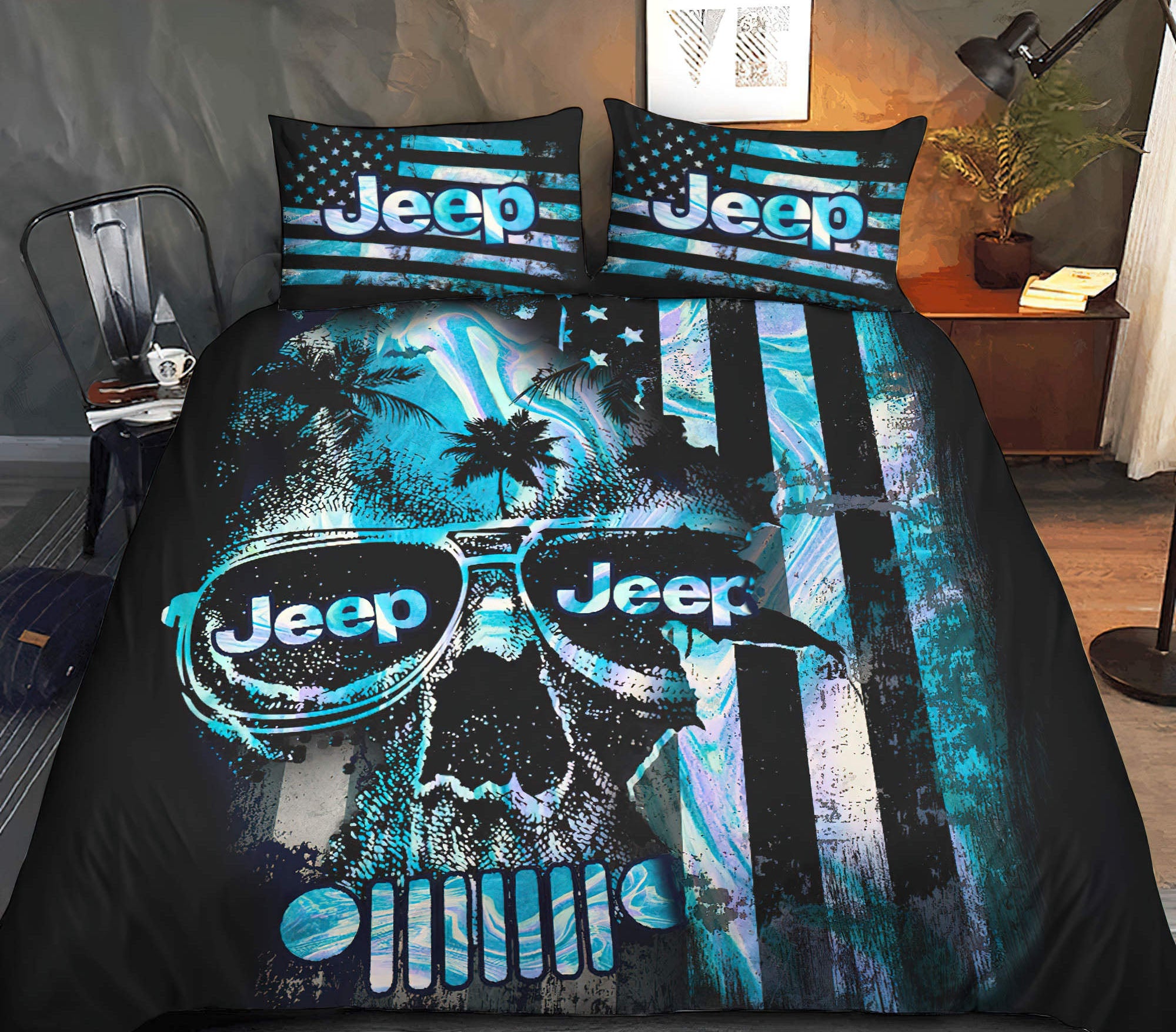 jeep-skull-hologram-flag-bedding-set