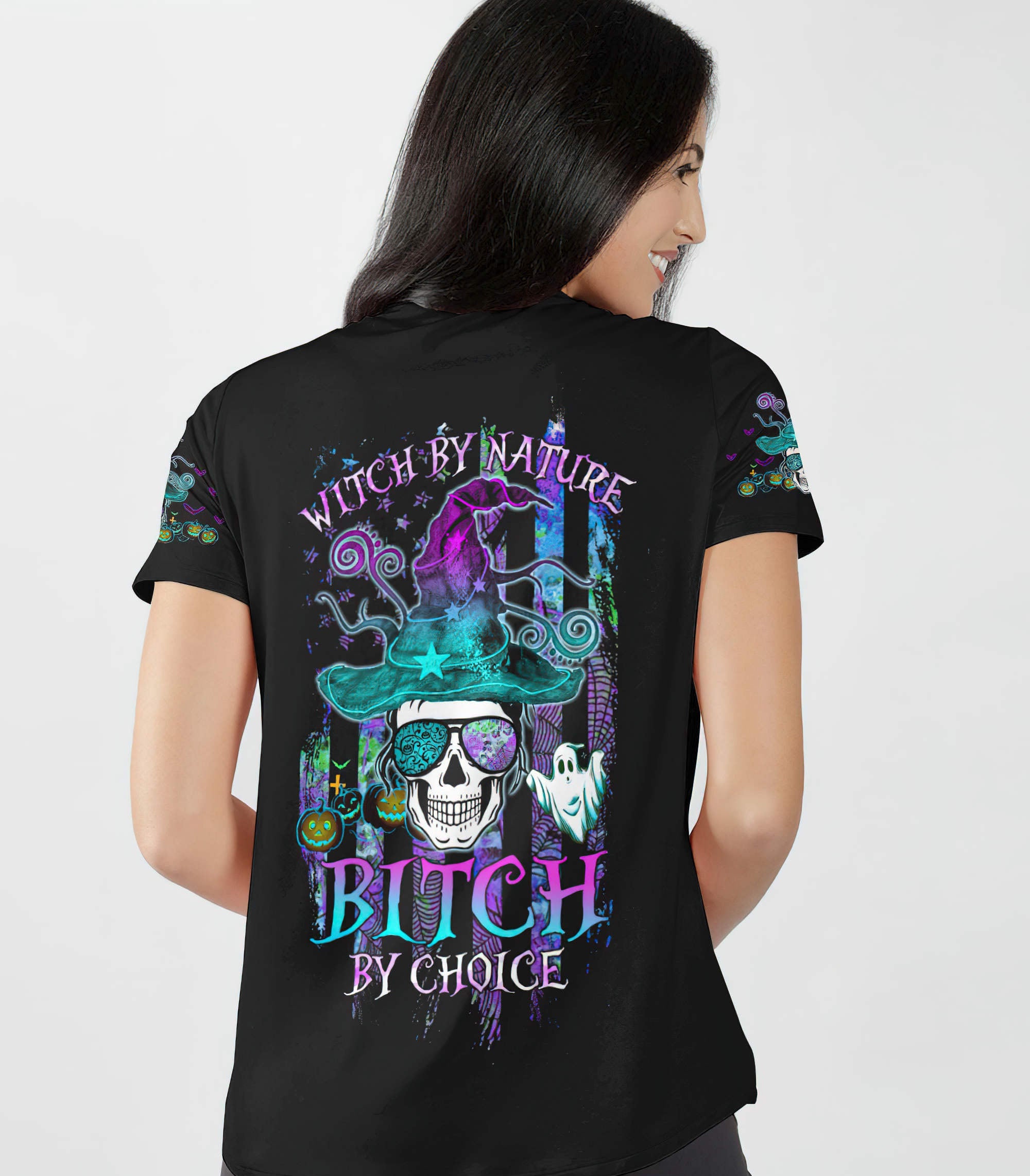 witch-by-nature-messy-bun-skull-all-over-print-women-v-neck-t-shirt