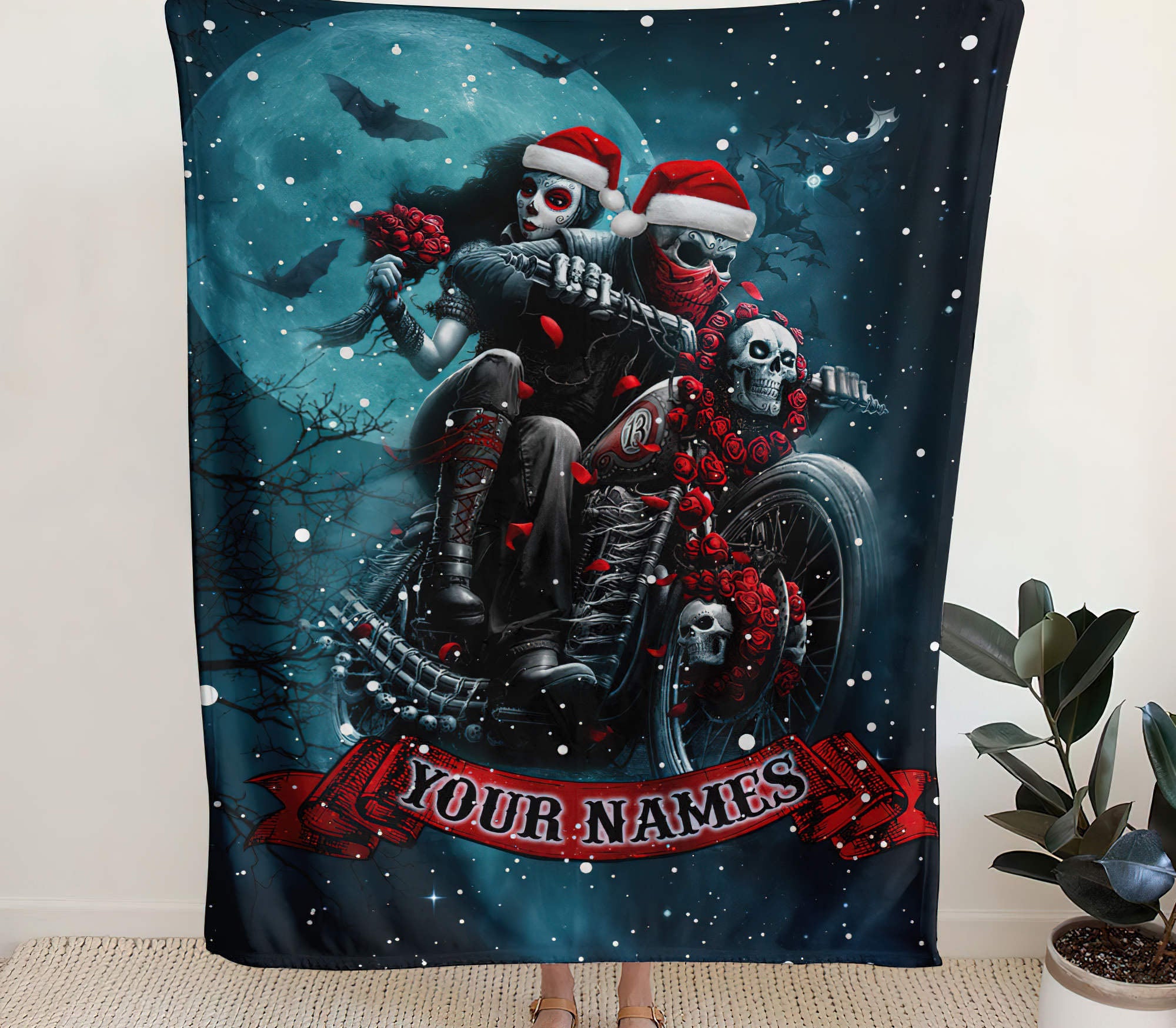 Personalized Skull Biker Couple Woven & Fleece Blanket