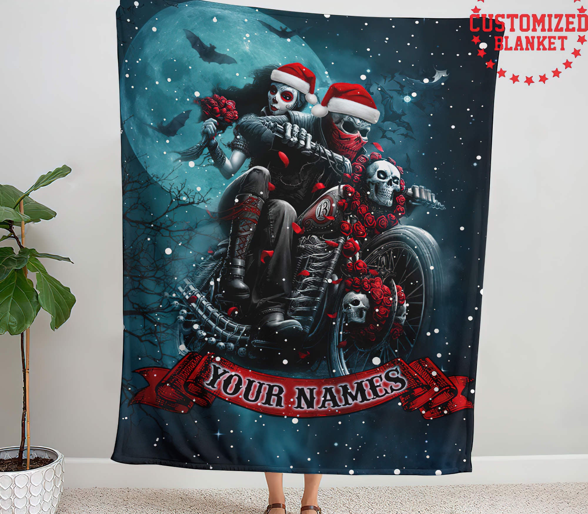 Personalized Skull Biker Couple Woven & Fleece Blanket