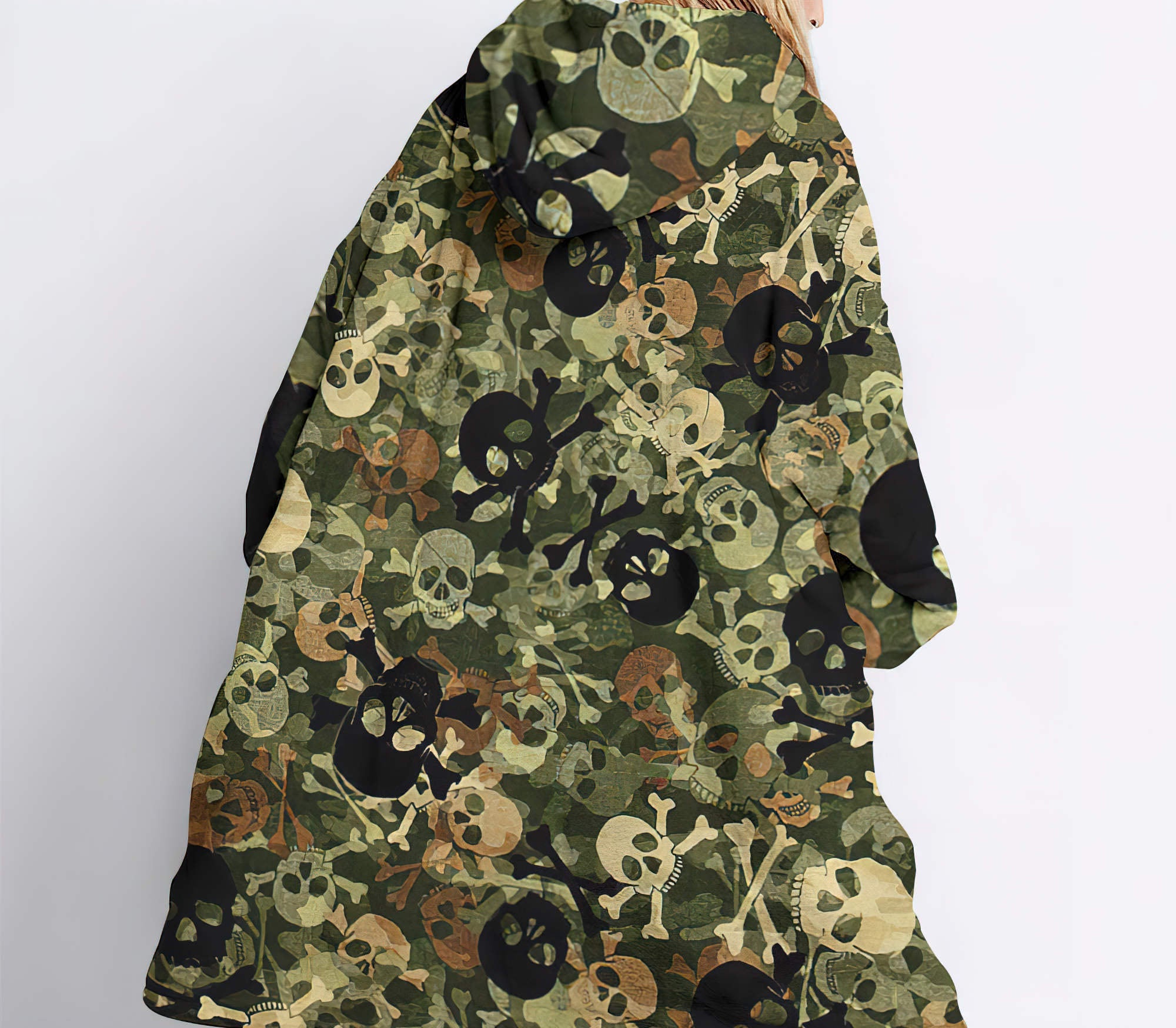 Skull Camo Texture Sherpa Blanket Hoodie Wearable Blanket Hoodie