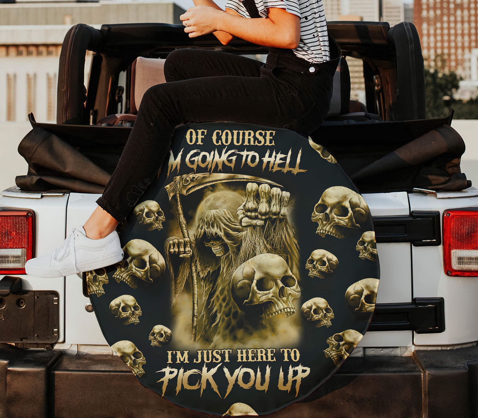 I'm Just Here To Pick You Up Skull Automotive Spare Tire Cover