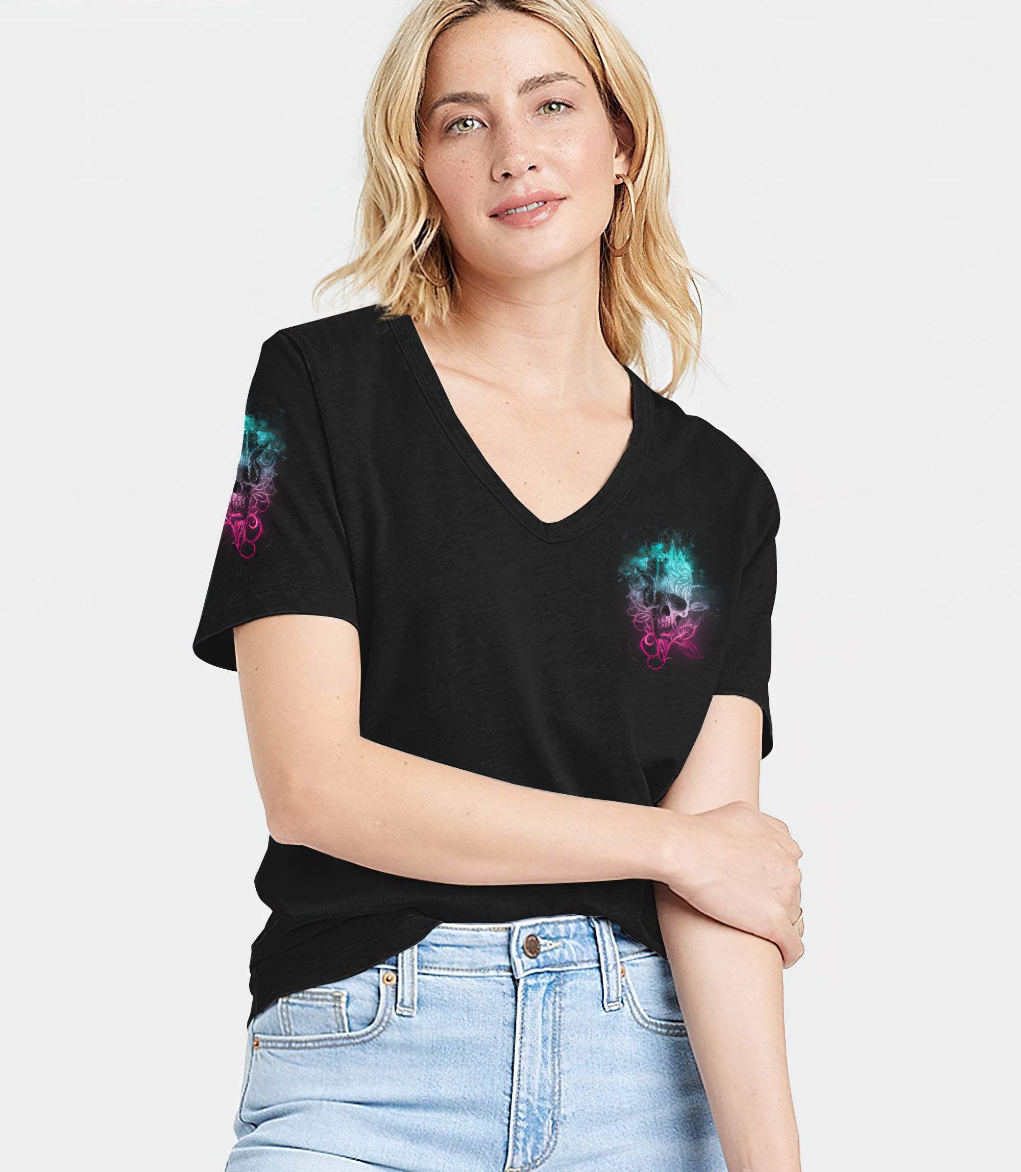 strong-woman-fire-skull-rose-tattoo-all-over-print-women-v-neck-t-shirt