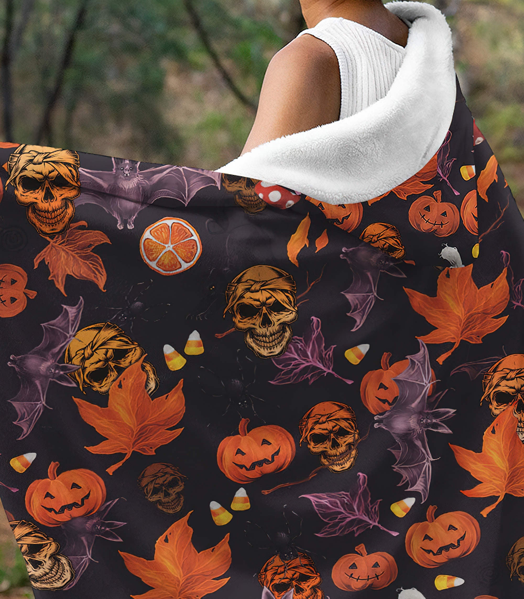 Skull Halloween Pattern Sherpa Blanket Hoodie Wearable Blanket Hoodie