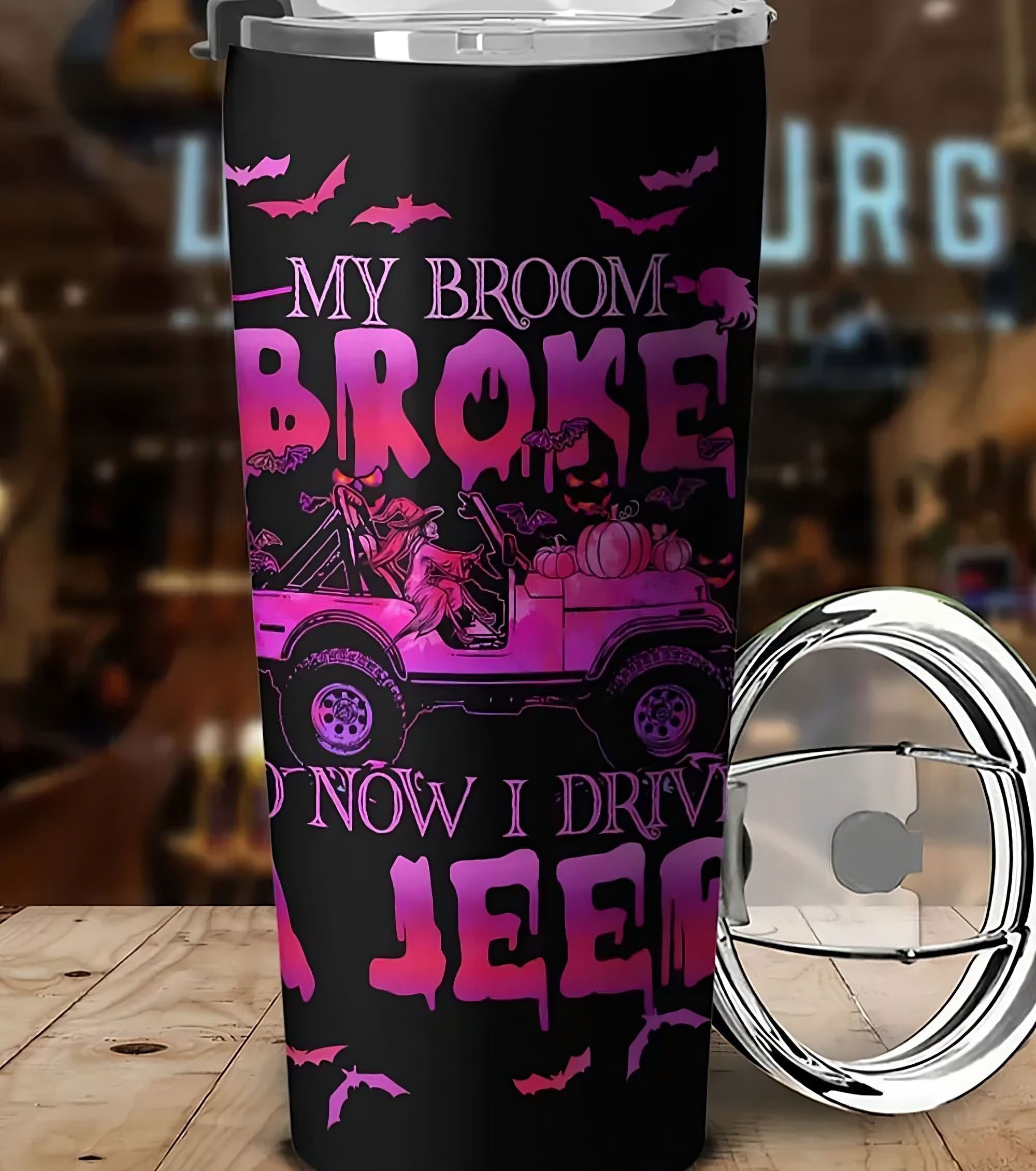 personalized-my-broom-broke-so-now-i-drive-a-jeep-pink-tumbler