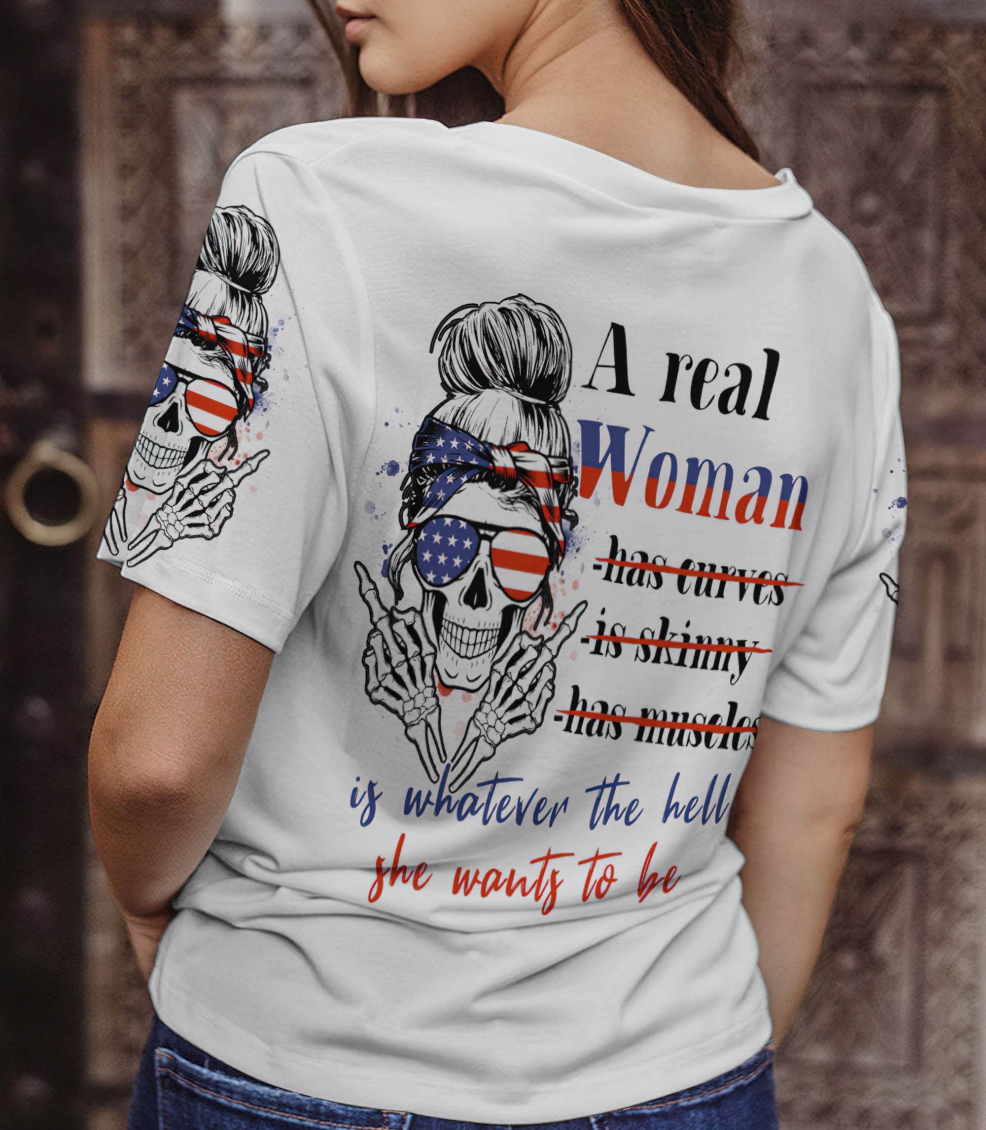 a-real-women-skull-messy-bun-all-over-print-women-v-neck-t-shirt