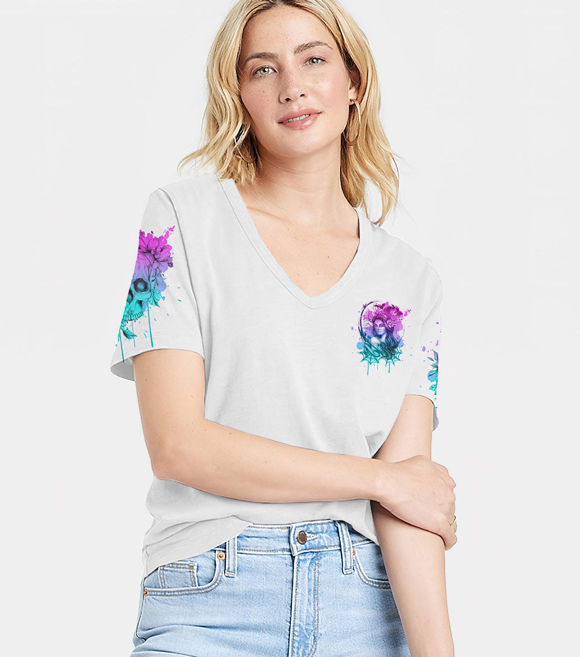 im-humble-enough-to-know-skull-girl-all-over-print-women-v-neck-t-shirt