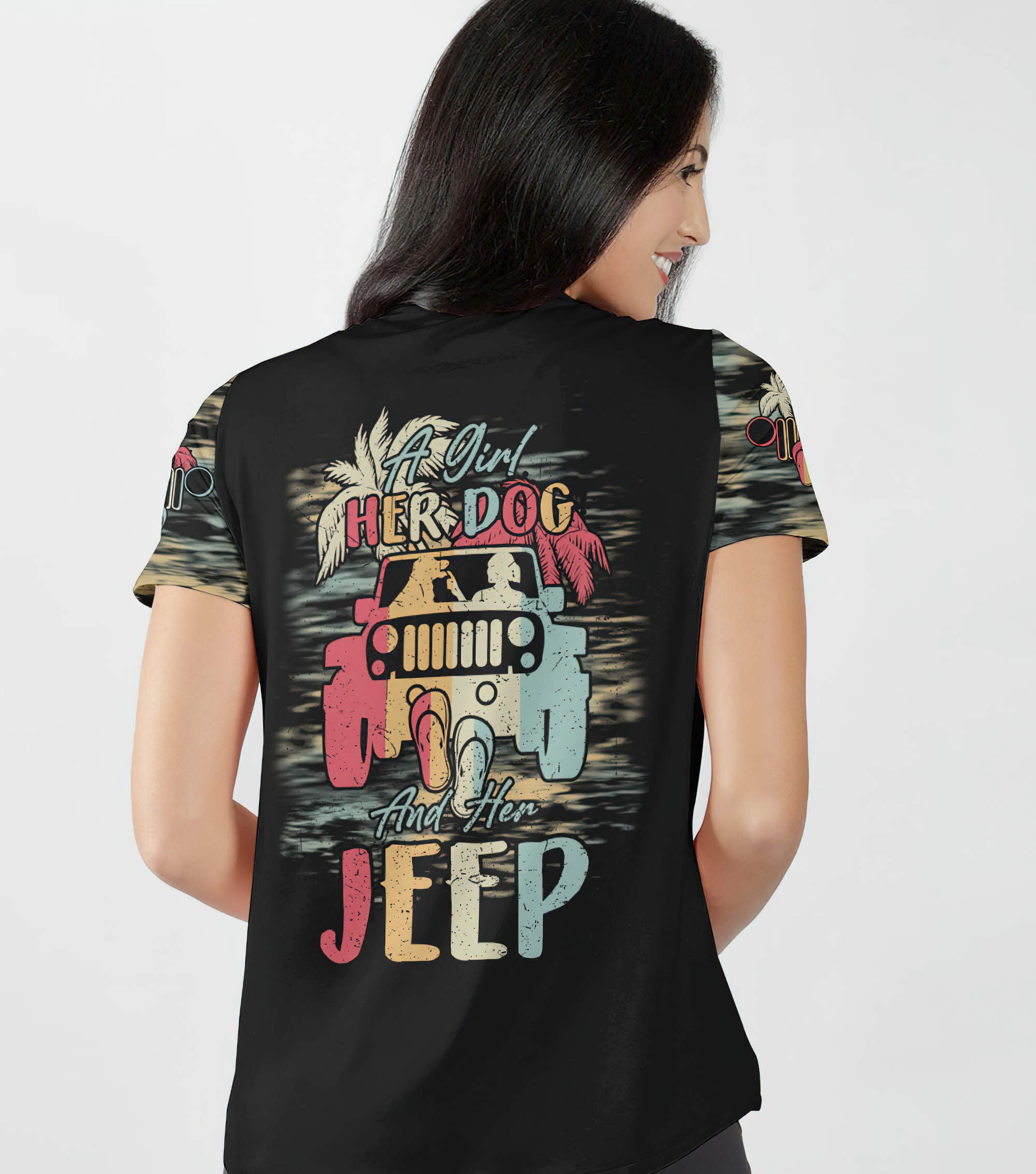 a-girl-her-dog-and-her-jeep-retro-beach-women-v-neck-t-shirt