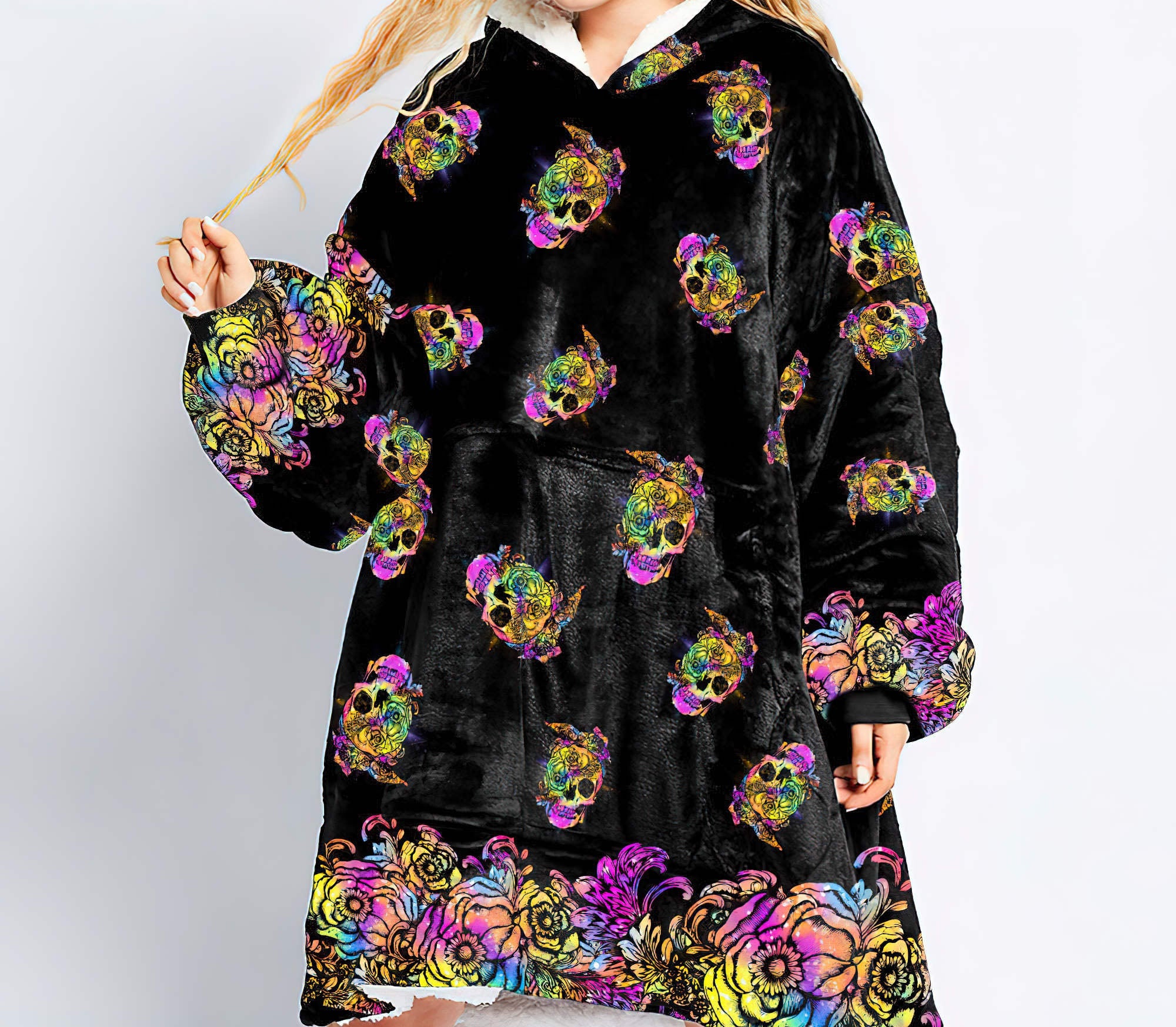 Skull Yes I'm A B Floral Sherpa Blanket Hoodie Wearable Blanket Hoodie