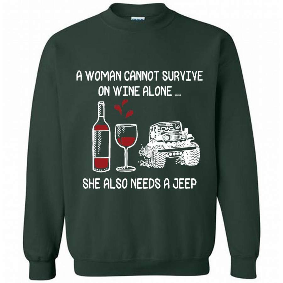 a-woman-cannot-survive-on-wine-alone-she-also-needs-a-jeep-gildan-crewneck-sweatshirt