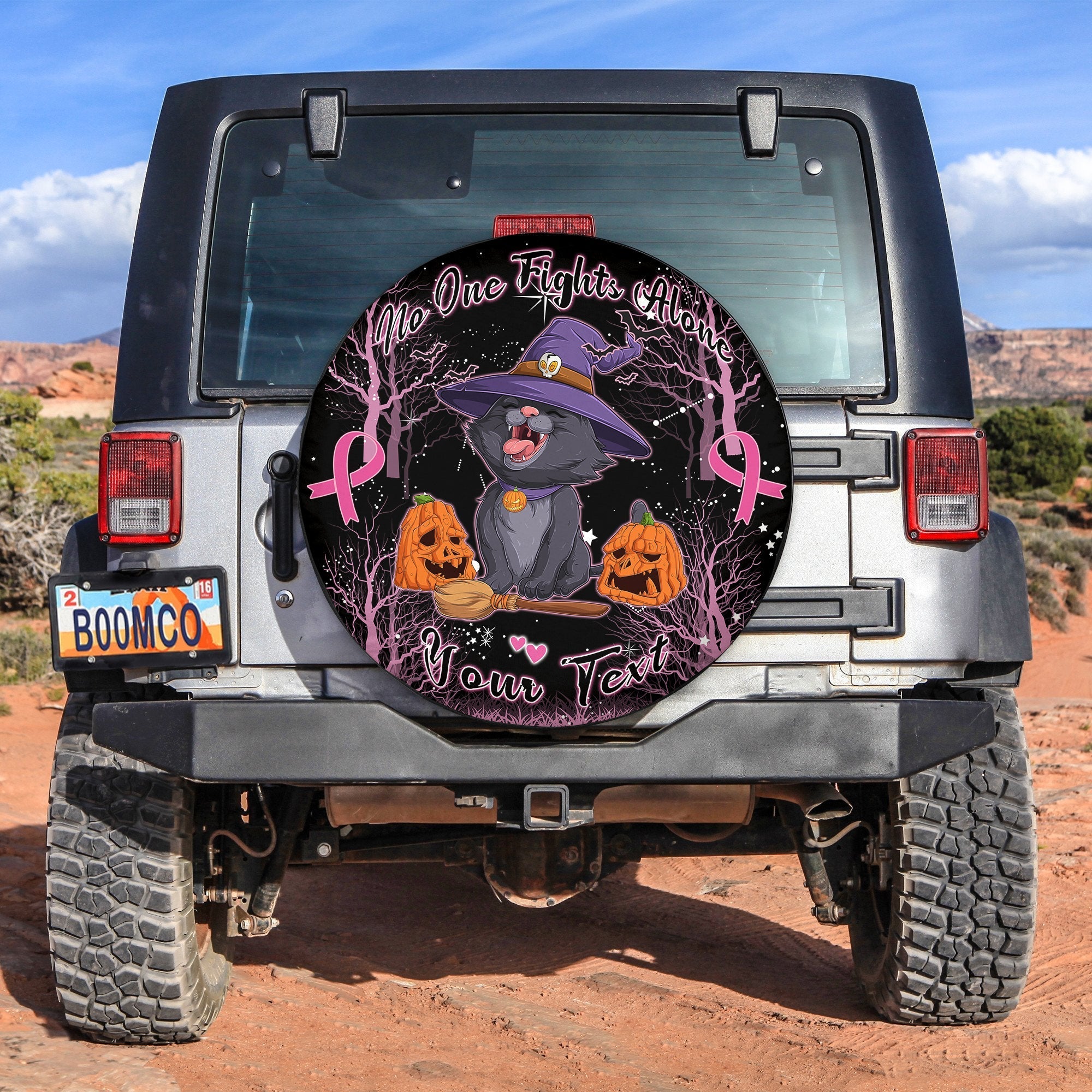 custom-personalised-breast-cancer-spare-tire-cover-no-one-fights-alone-cat-halloween-in-dark-forest