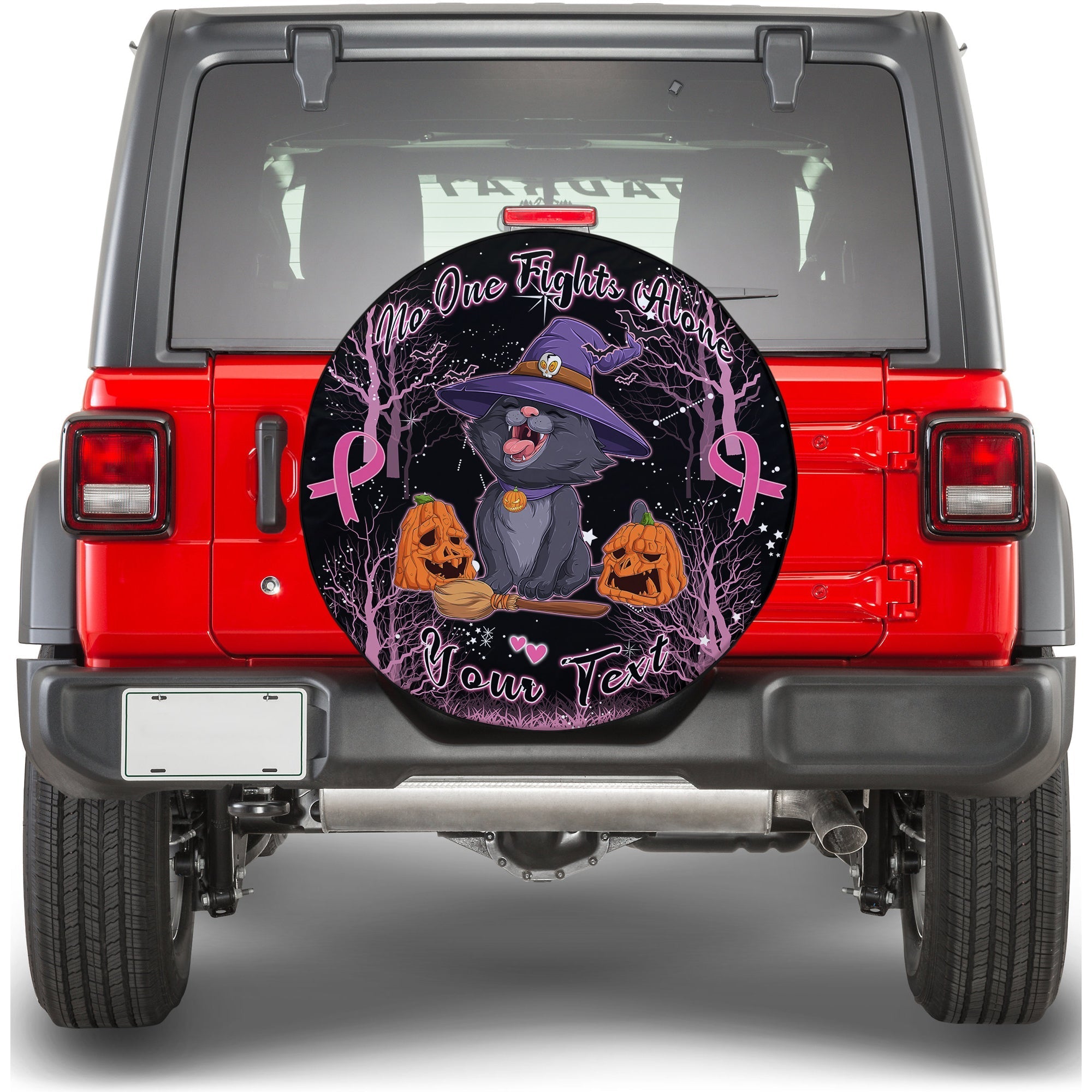 custom-personalised-breast-cancer-spare-tire-cover-no-one-fights-alone-cat-halloween-in-dark-forest
