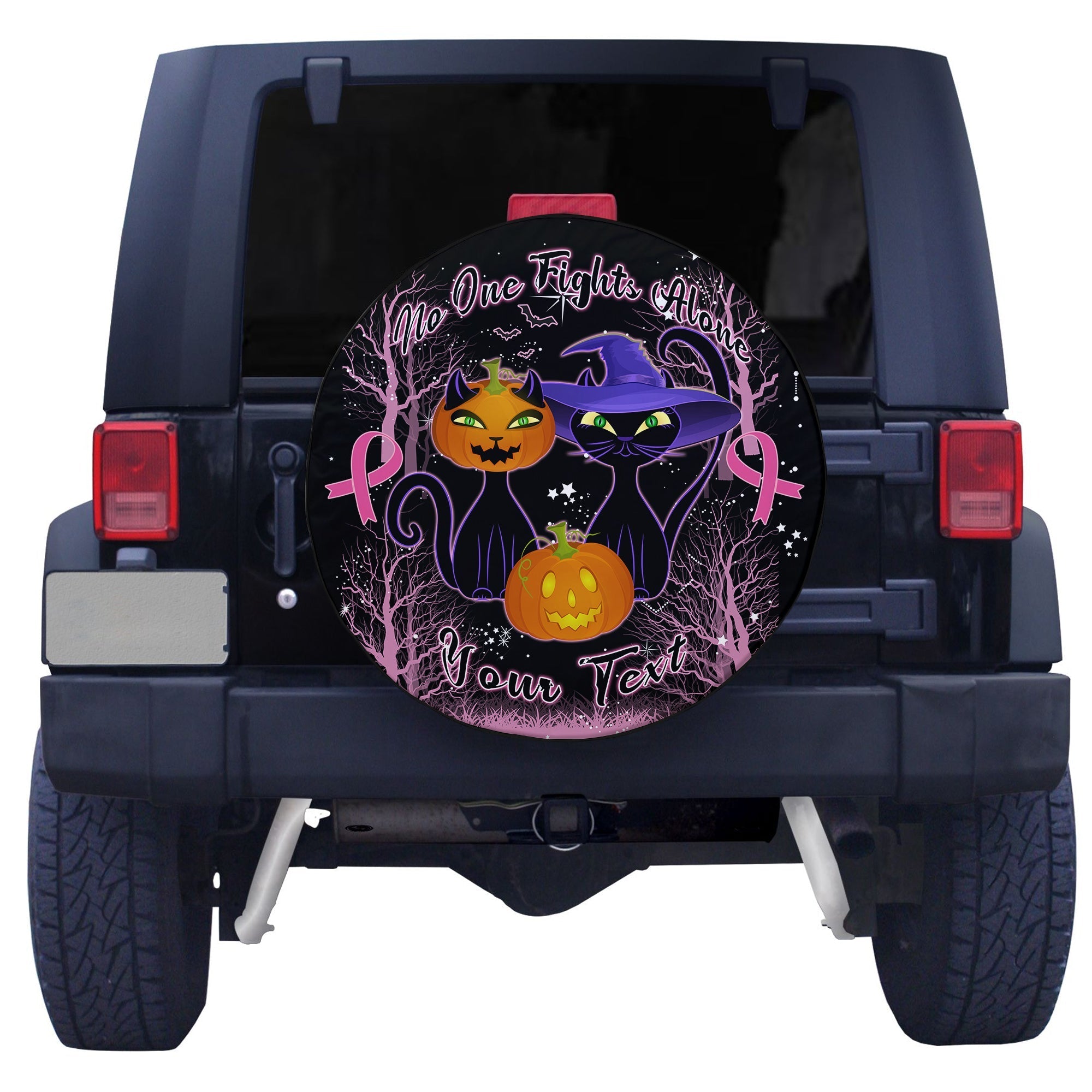 custom-personalised-breast-cancer-spare-tire-cover-no-one-fights-alone-black-cat-halloween-in-dark-forest
