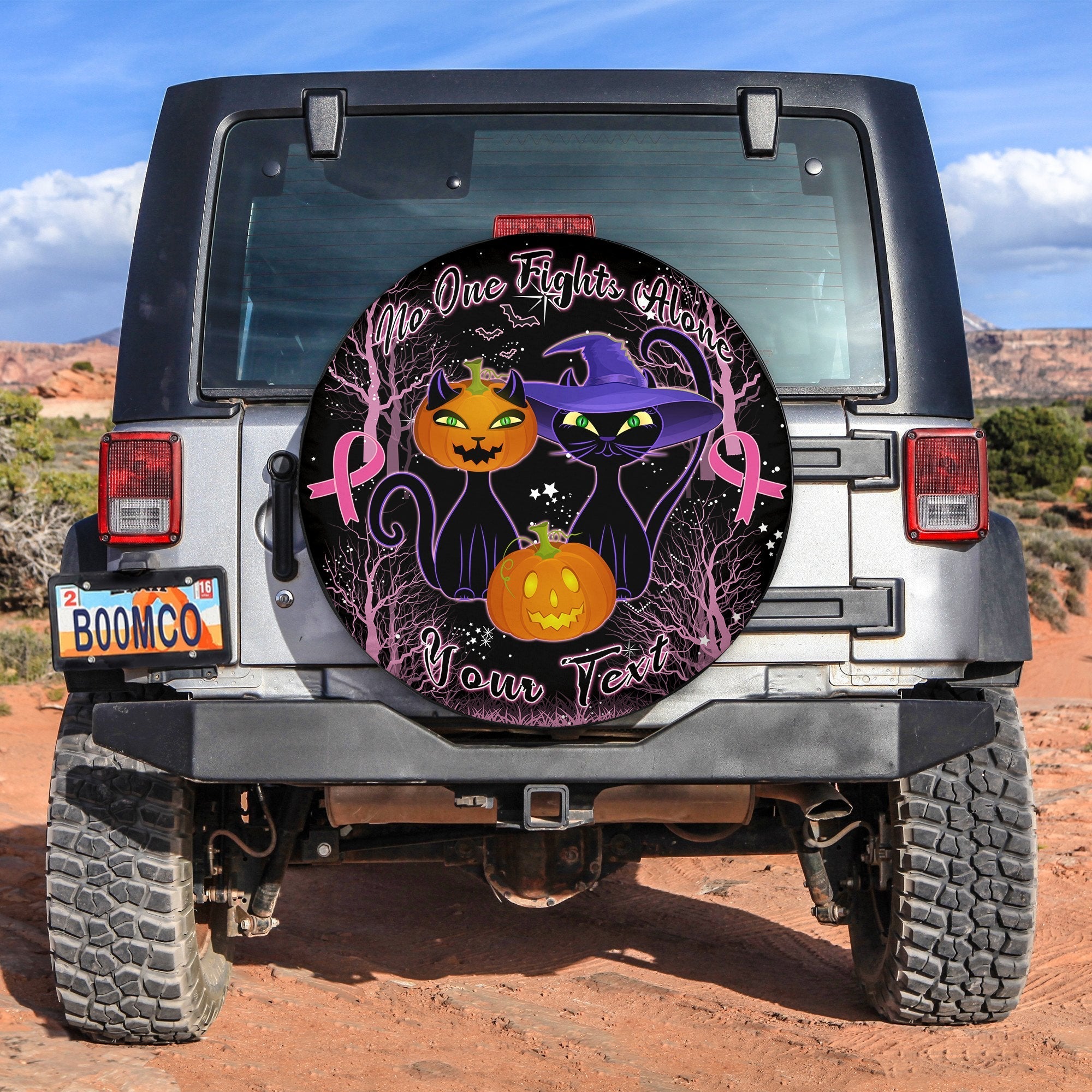 custom-personalised-breast-cancer-spare-tire-cover-no-one-fights-alone-black-cat-halloween-in-dark-forest