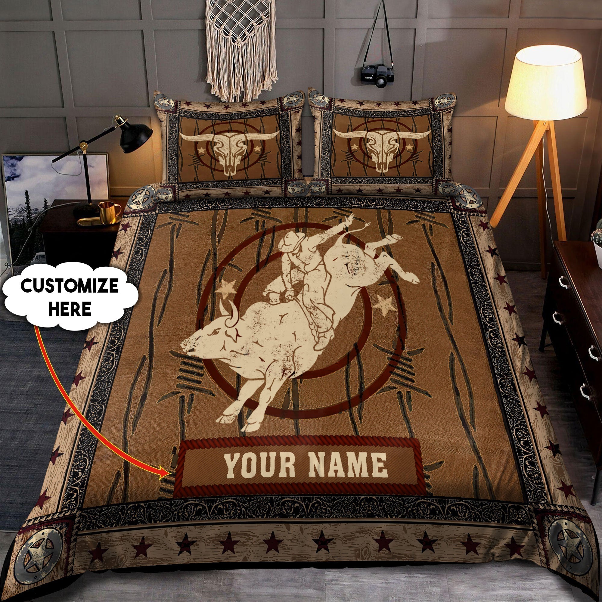 personalized-name-bull-riding-bedding-set-skull