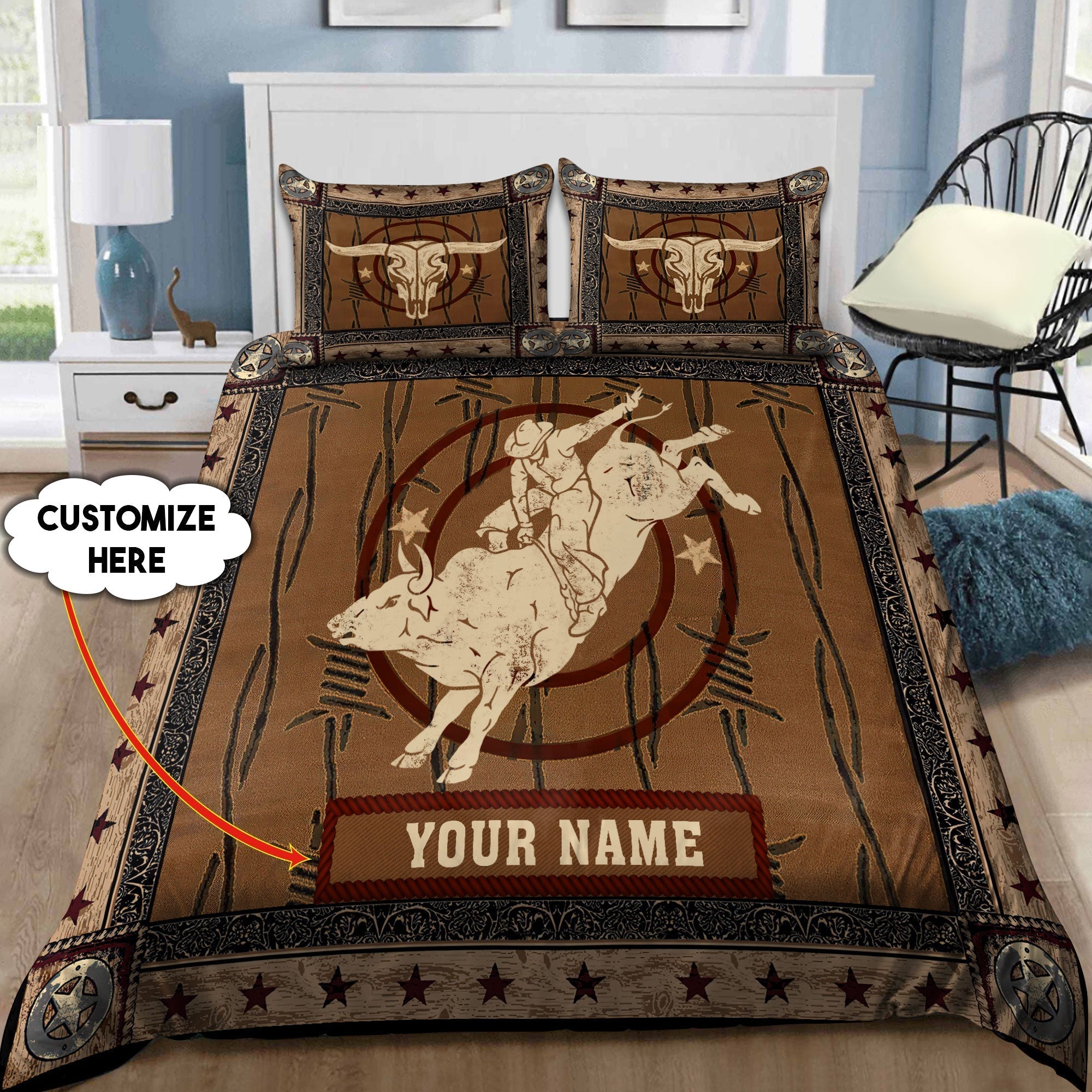 personalized-name-bull-riding-bedding-set-skull