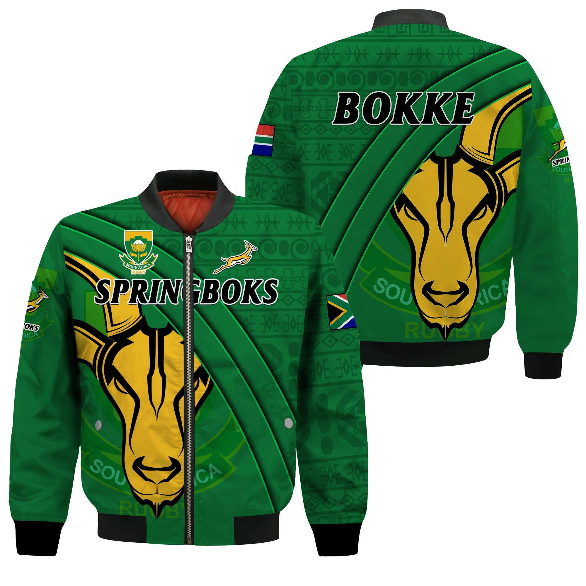 South Africa Rugby Bomber Jacket Bokke Springbok With African Pattern Stronger Together LT14