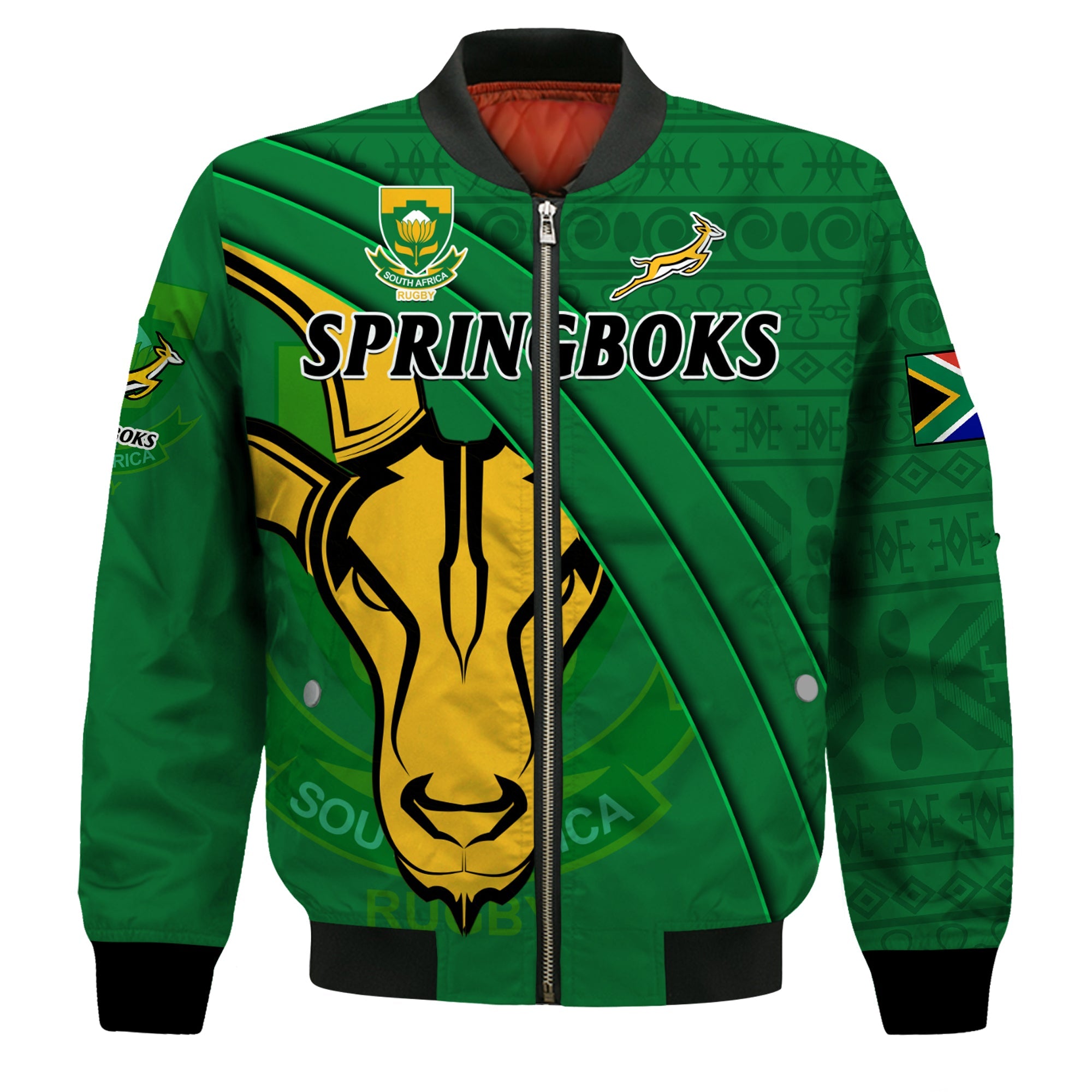 South Africa Rugby Bomber Jacket Bokke Springbok With African Pattern Stronger Together LT14