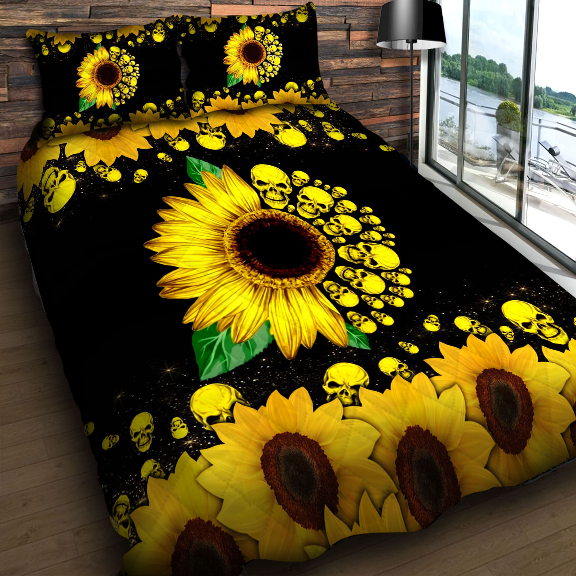 Premium Unique Sun Flower Skull Quilt Bedding Set 3D