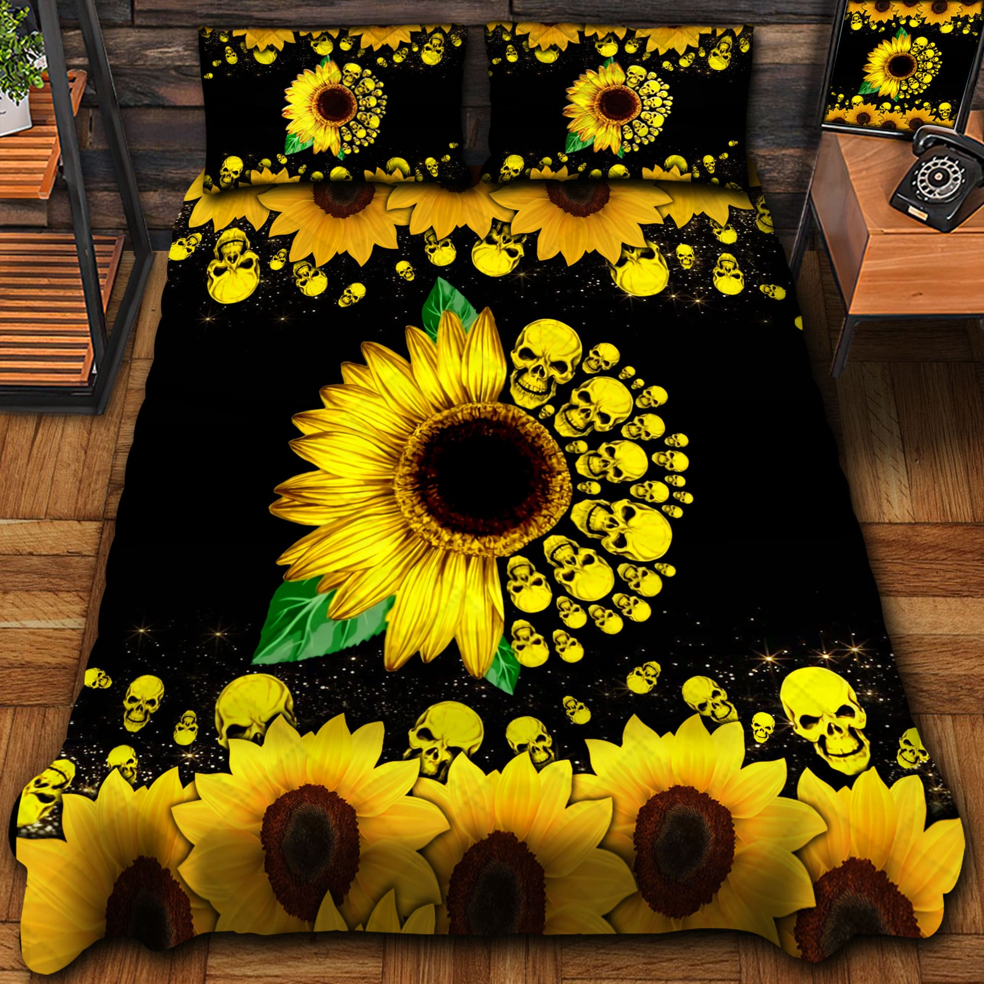 Premium Unique Sun Flower Skull Quilt Bedding Set 3D