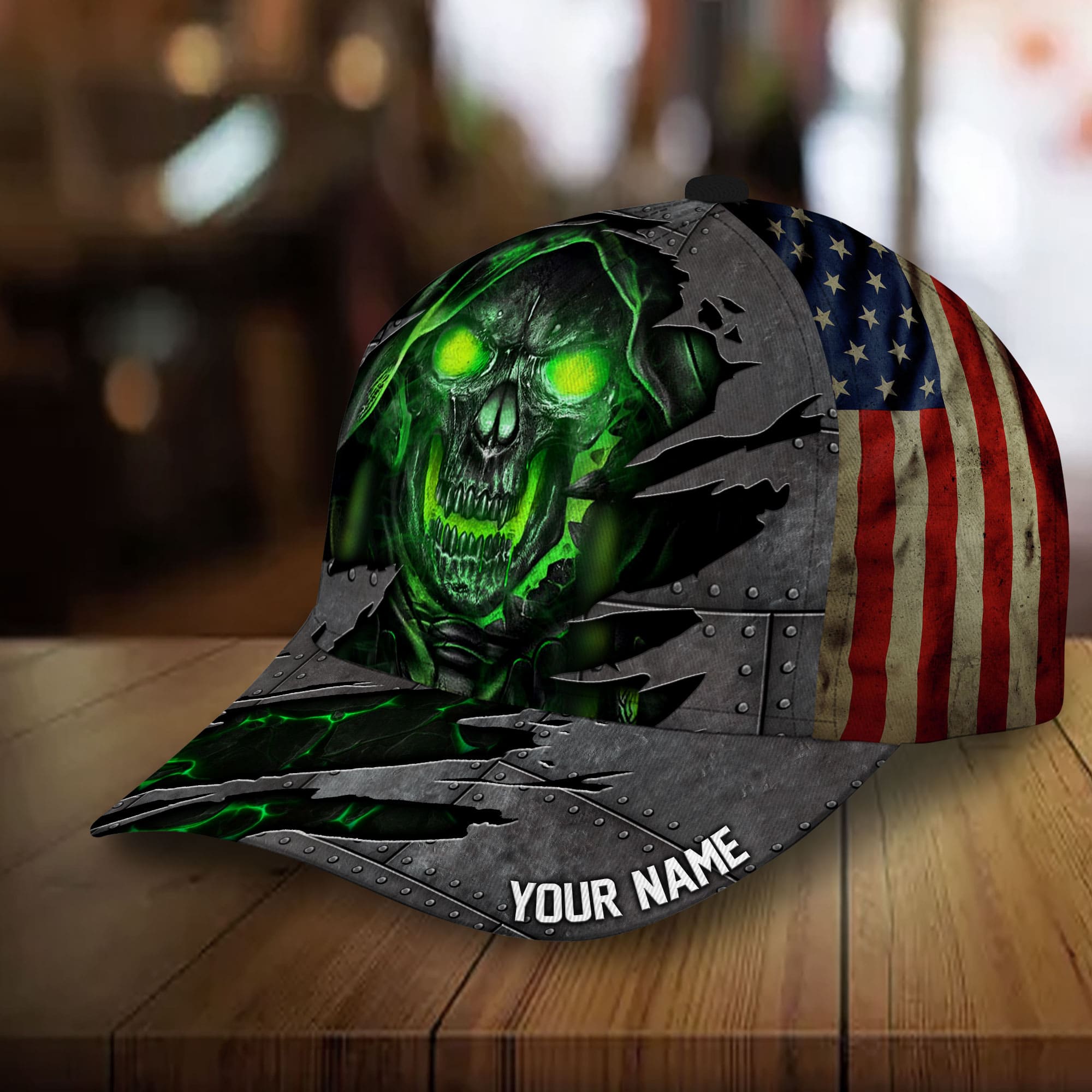 Premium Metal Cracked Skull 3D Hat Printed Green Personalized