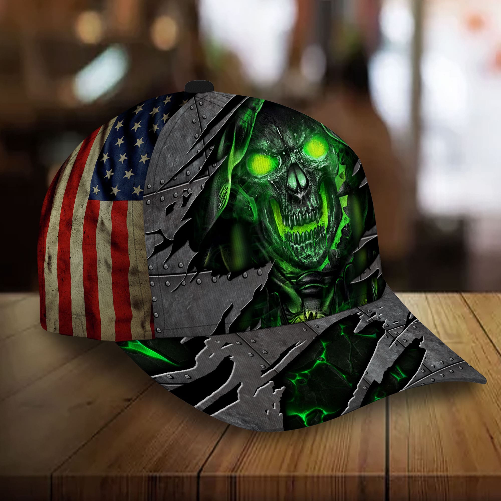 Premium Metal Cracked Skull 3D Hat Printed Green Personalized