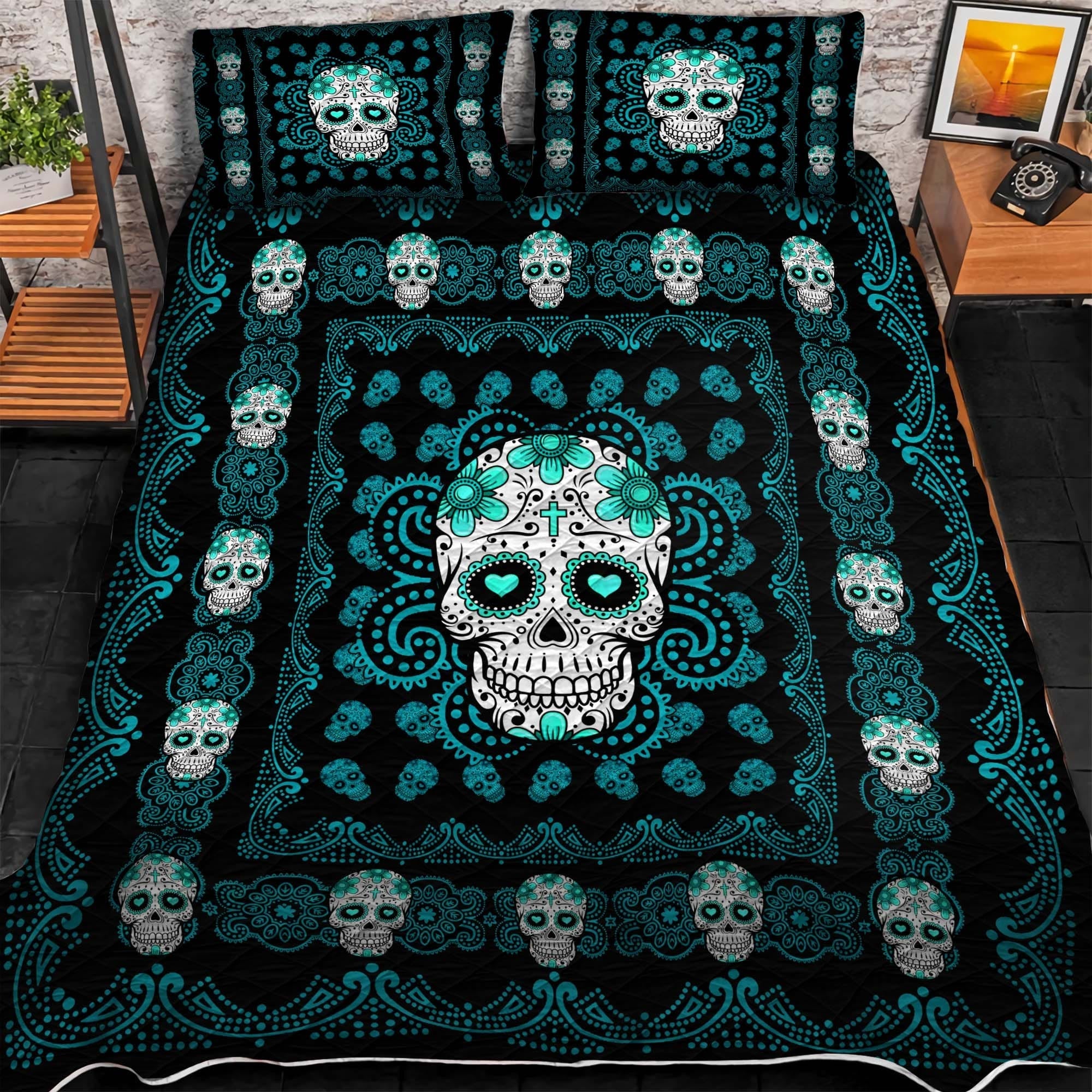 Premium Sugar Skull 3D Quilt Bedding Set Multicolor