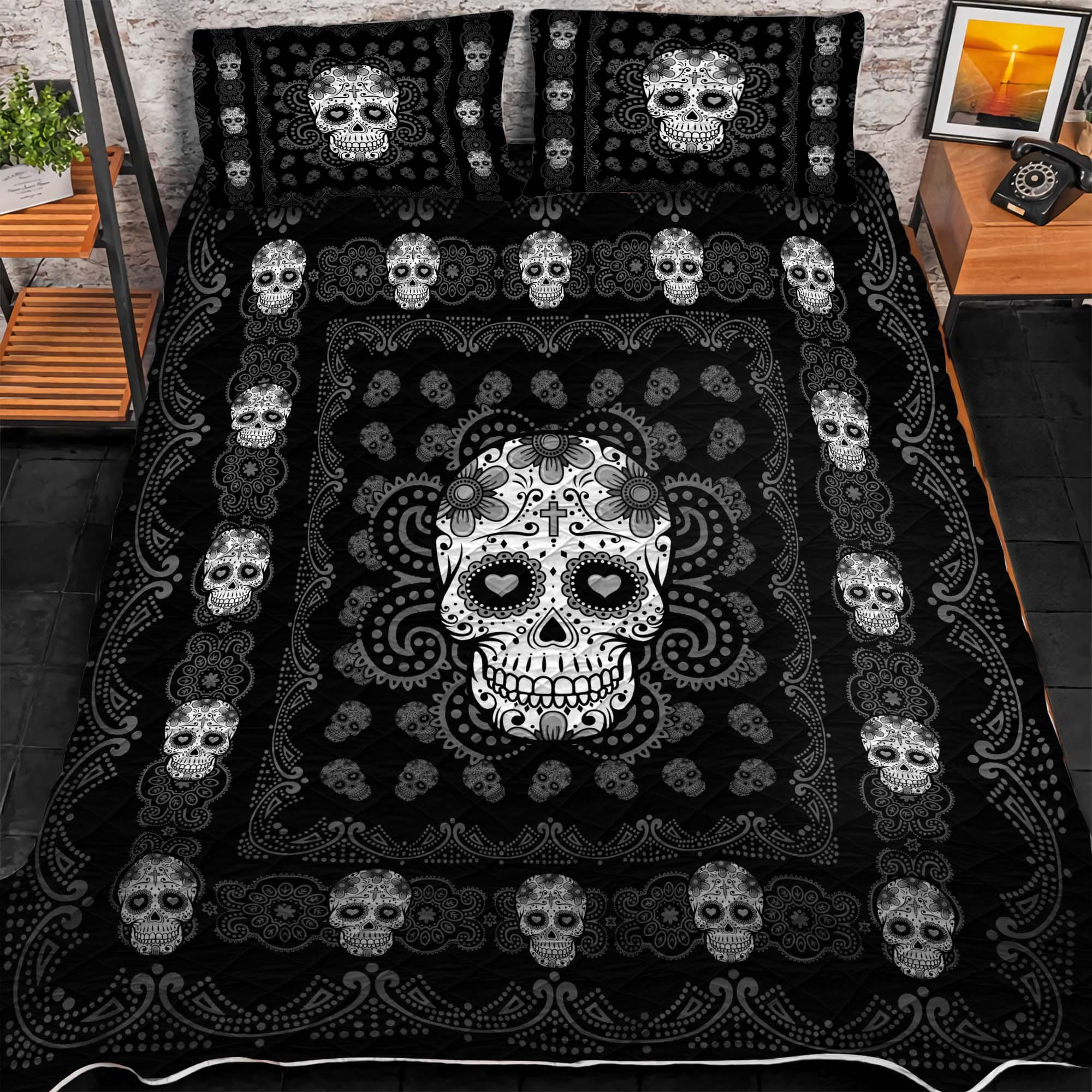 Premium Sugar Skull 3D Quilt Bedding Set Multicolor