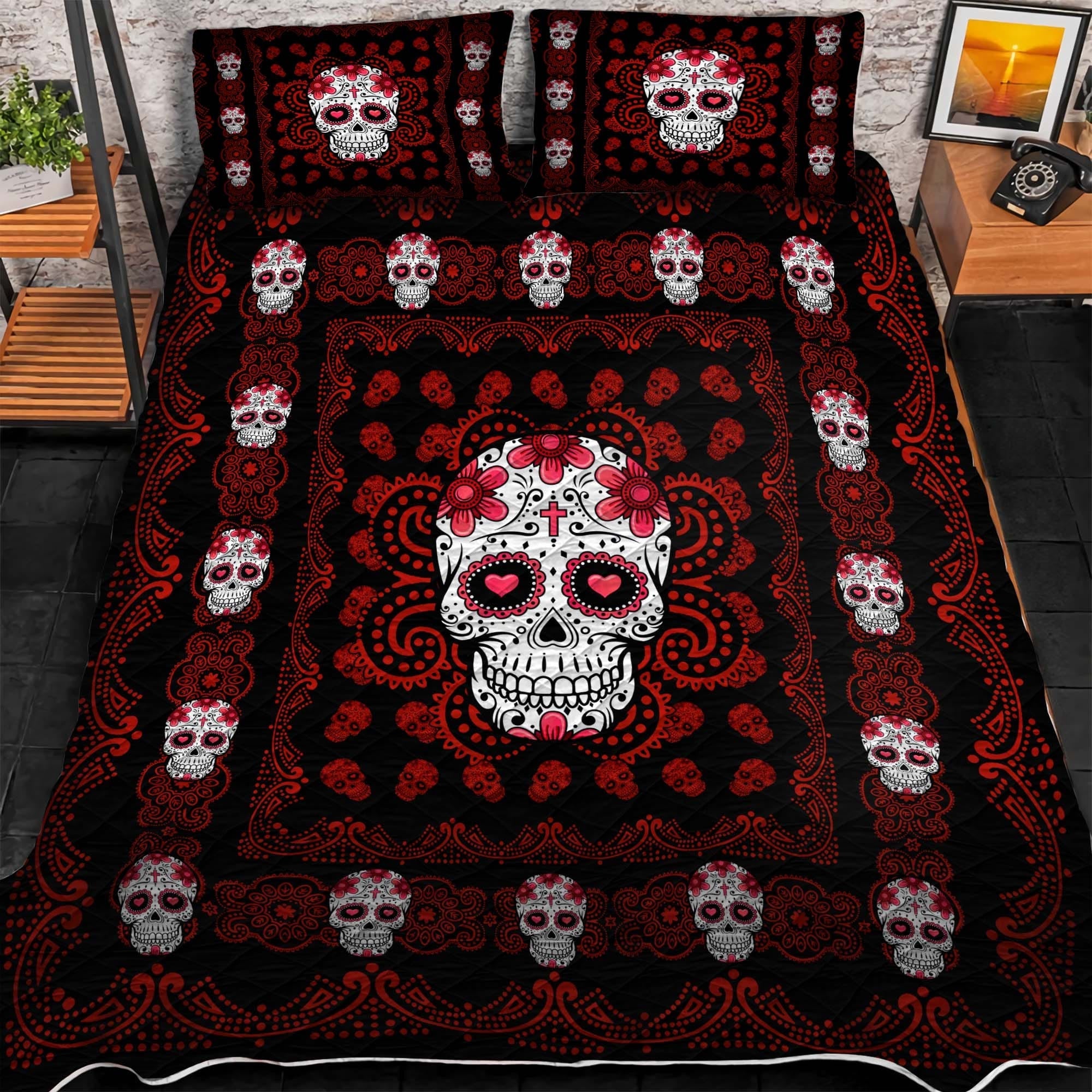 Premium Sugar Skull 3D Quilt Bedding Set Multicolor