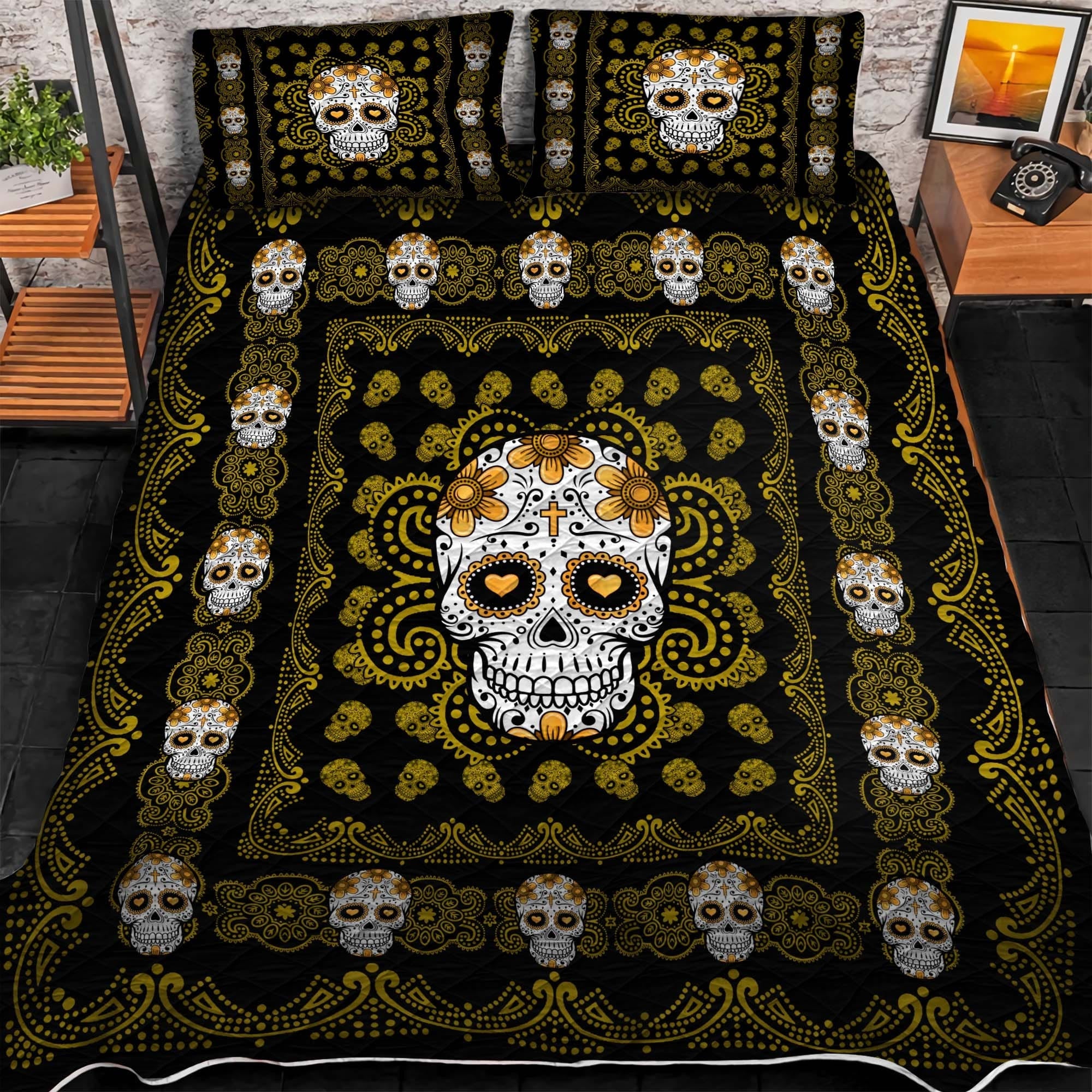 Premium Sugar Skull 3D Quilt Bedding Set Multicolor